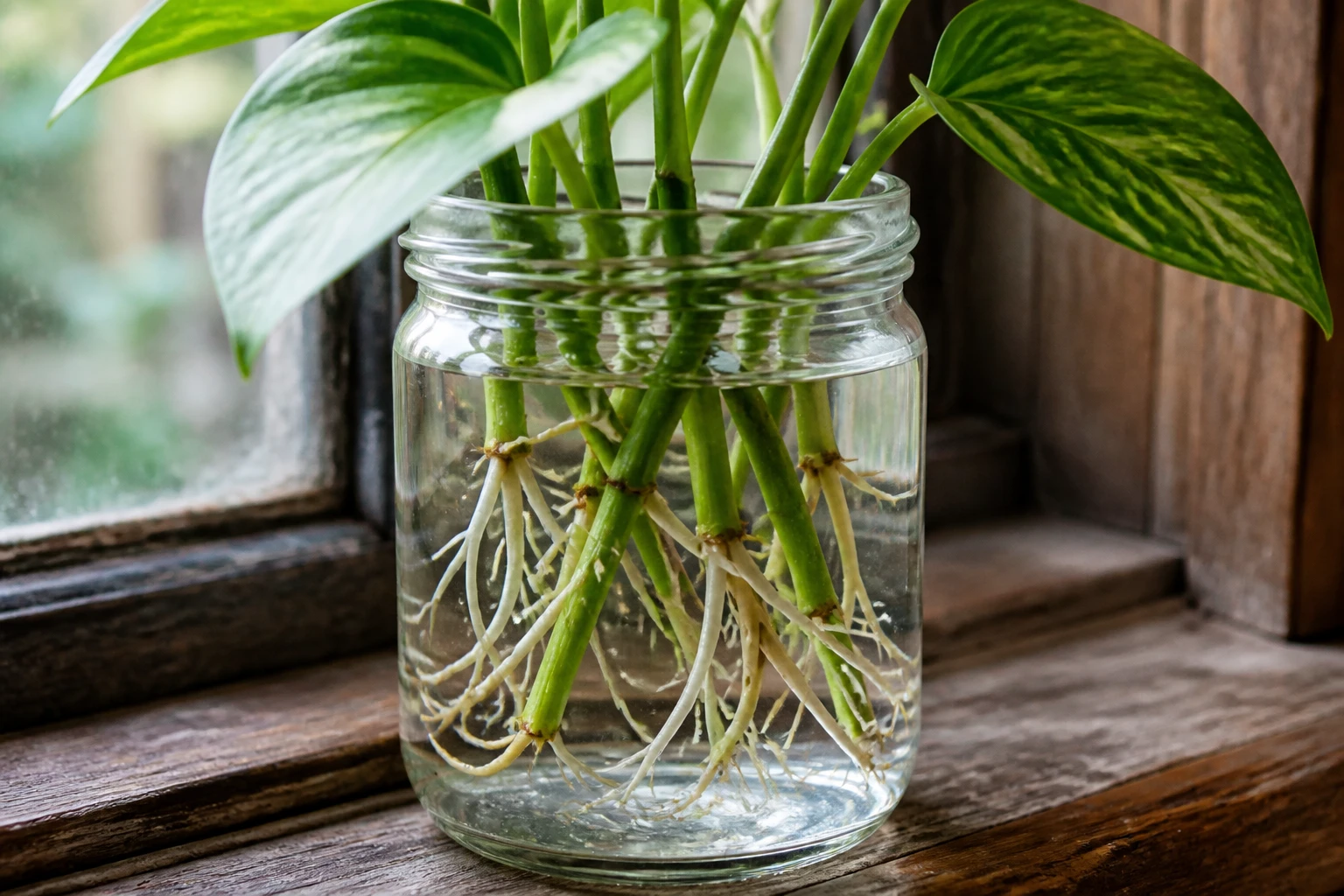 Boutures de vigne dans un bocal en verre avec racines blanches visibles dans l'eau, lumière naturelle indirecte