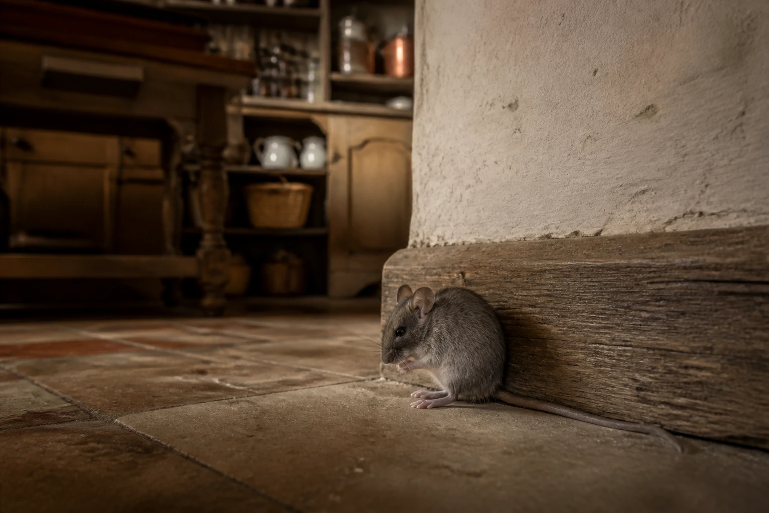 Souris grise près d'une plinthe en bois dans une cuisine de maison ancienne, éclairage naturel