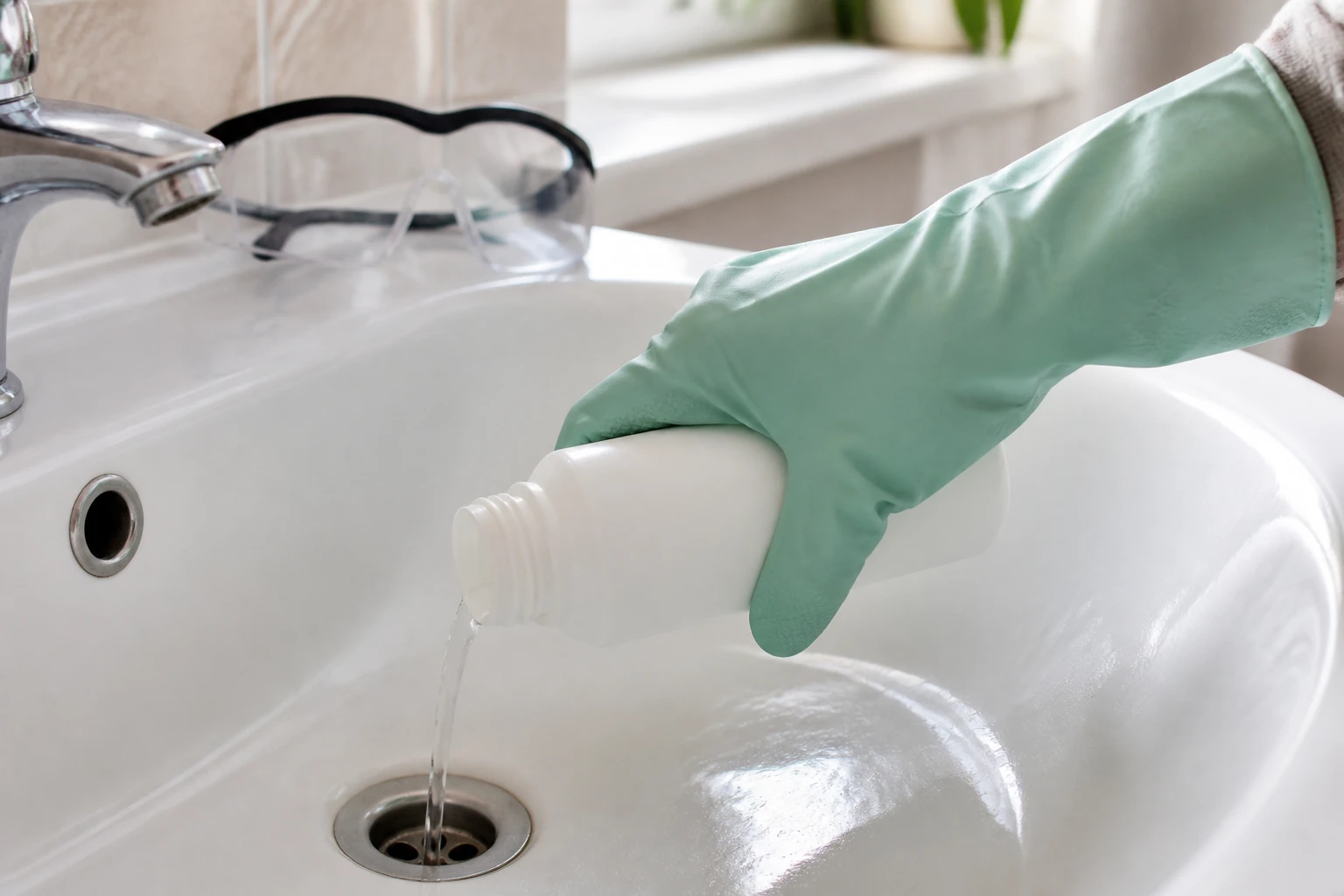 Main gantée versant de l'acide chlorhydrique dans un siphon d'évier en porcelaine blanche