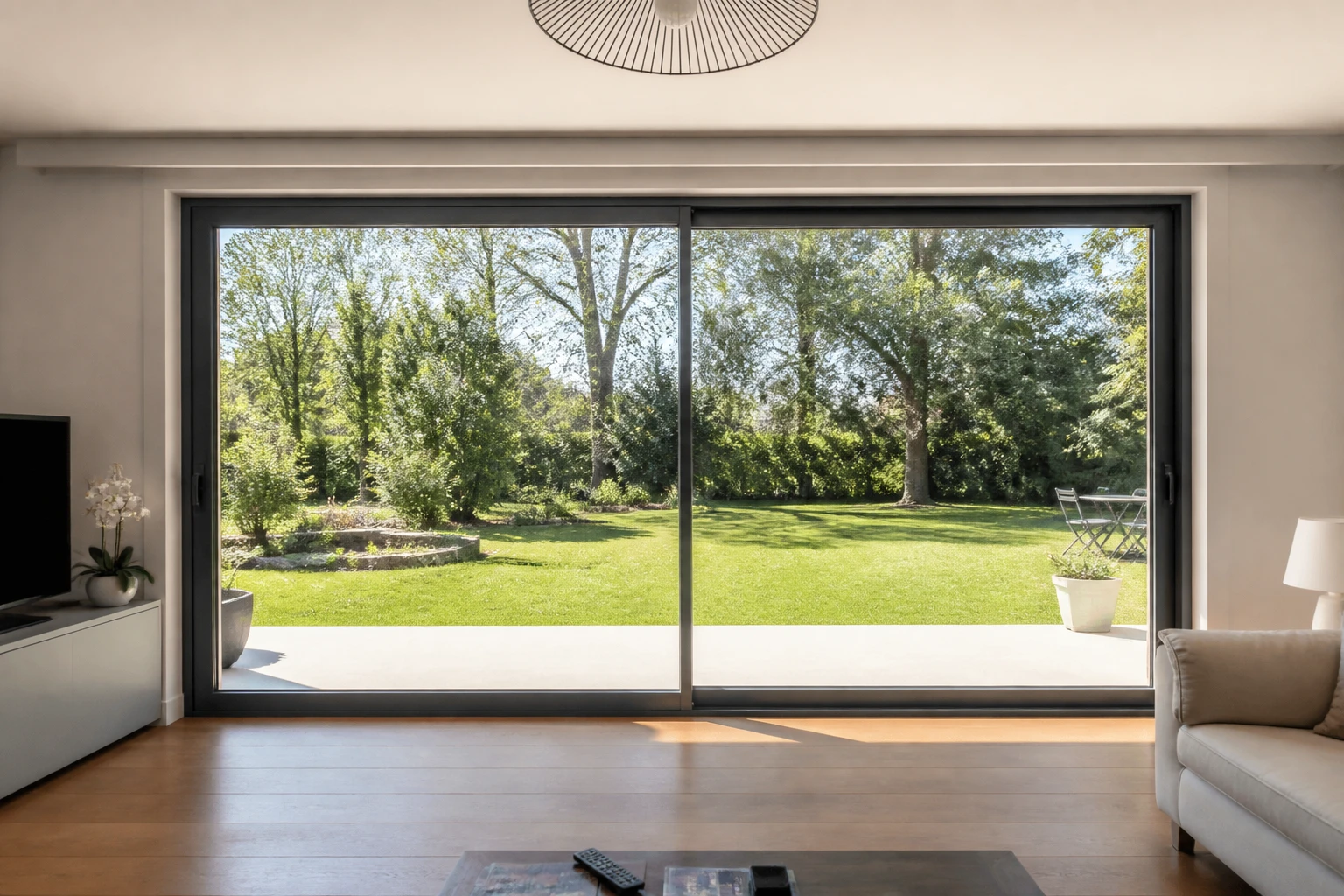 Baie vitrée coulissante aluminium de 3 mètres de large ouverte sur jardin, vue intérieure