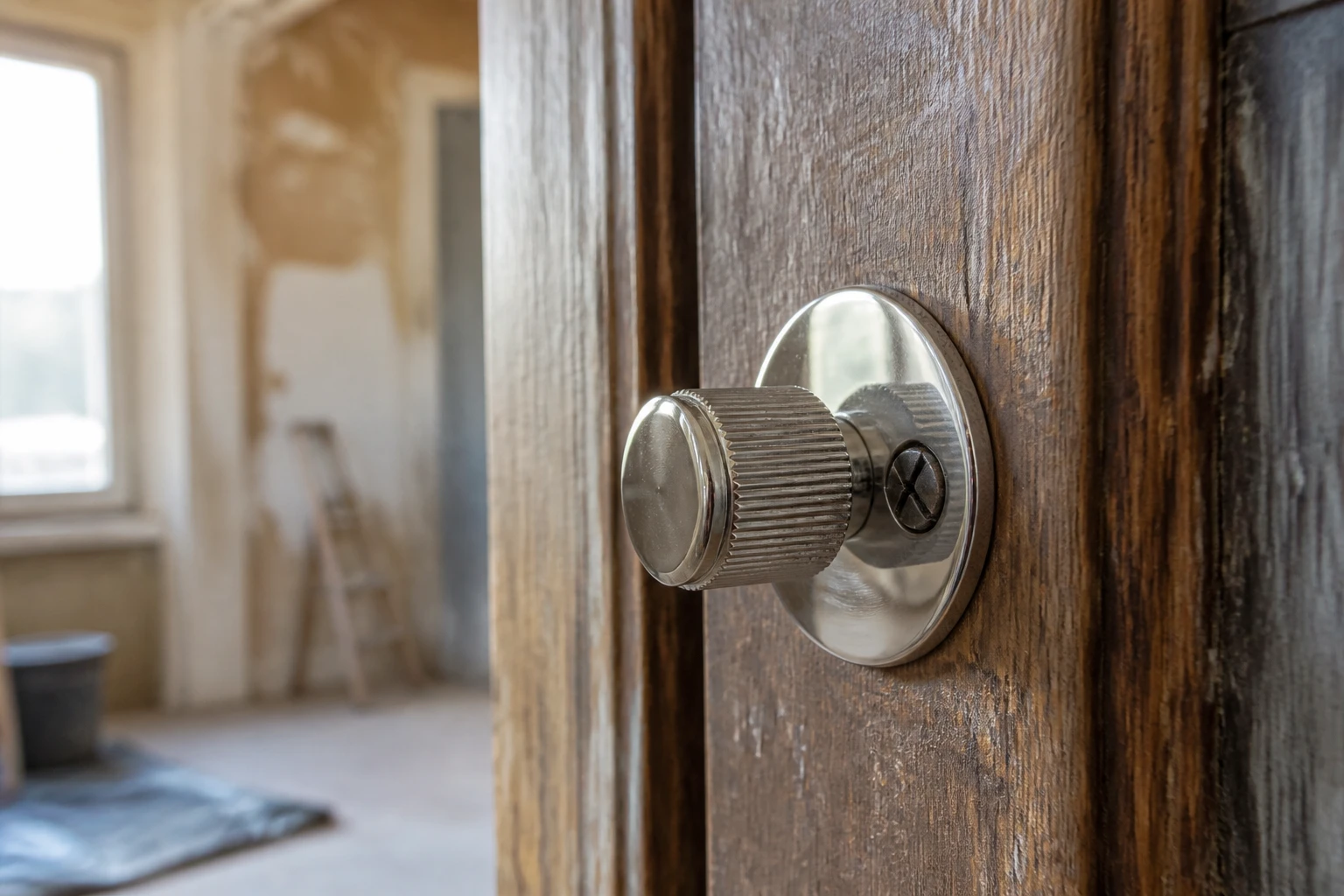 Bouton moleté en laiton chromé sur porte d'entrée en bois, gros plan sur les stries et vis de fixation centrale