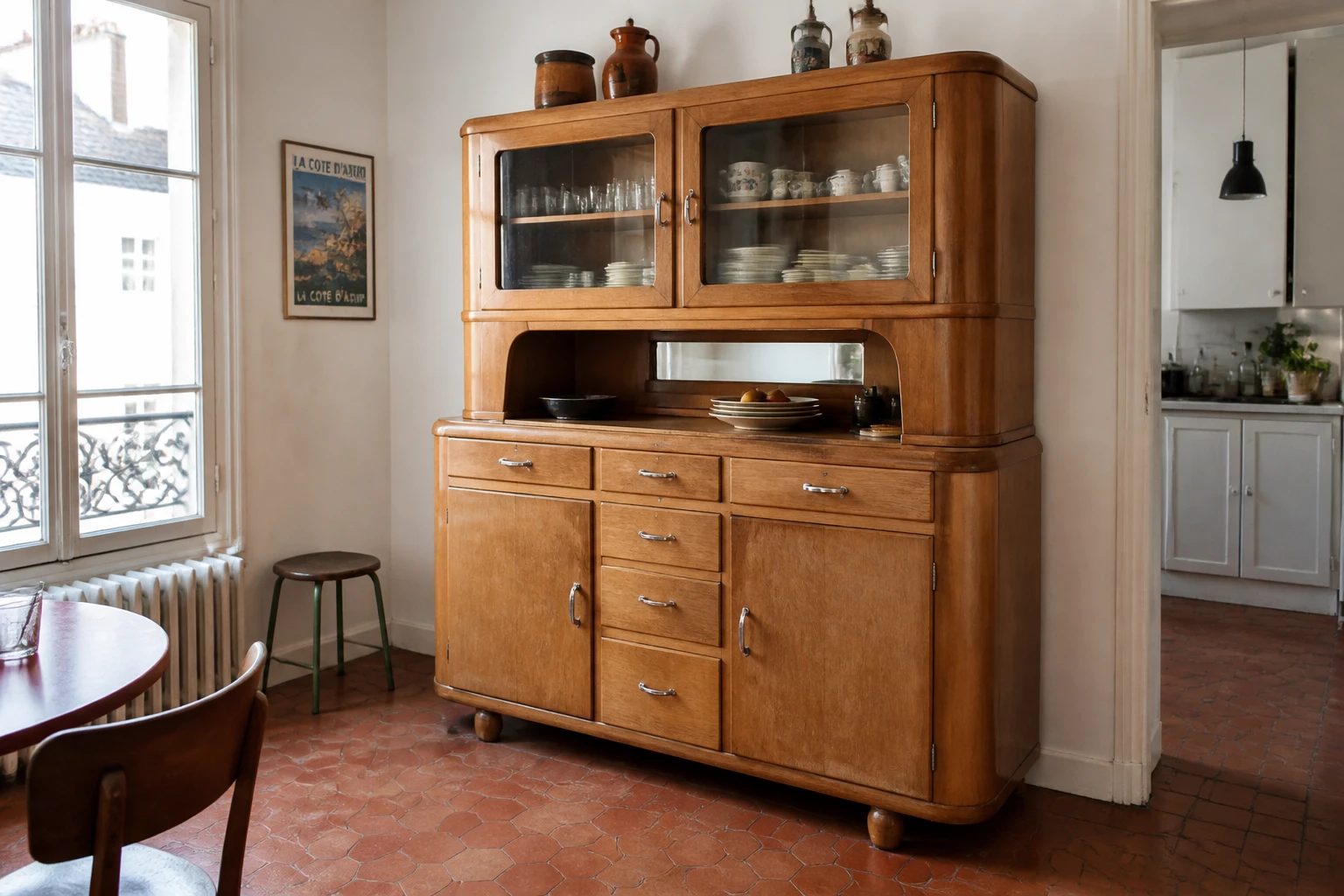 Buffet Mado deux corps en bois massif années 50 avec poignées chromées dans une cuisine lumineuse