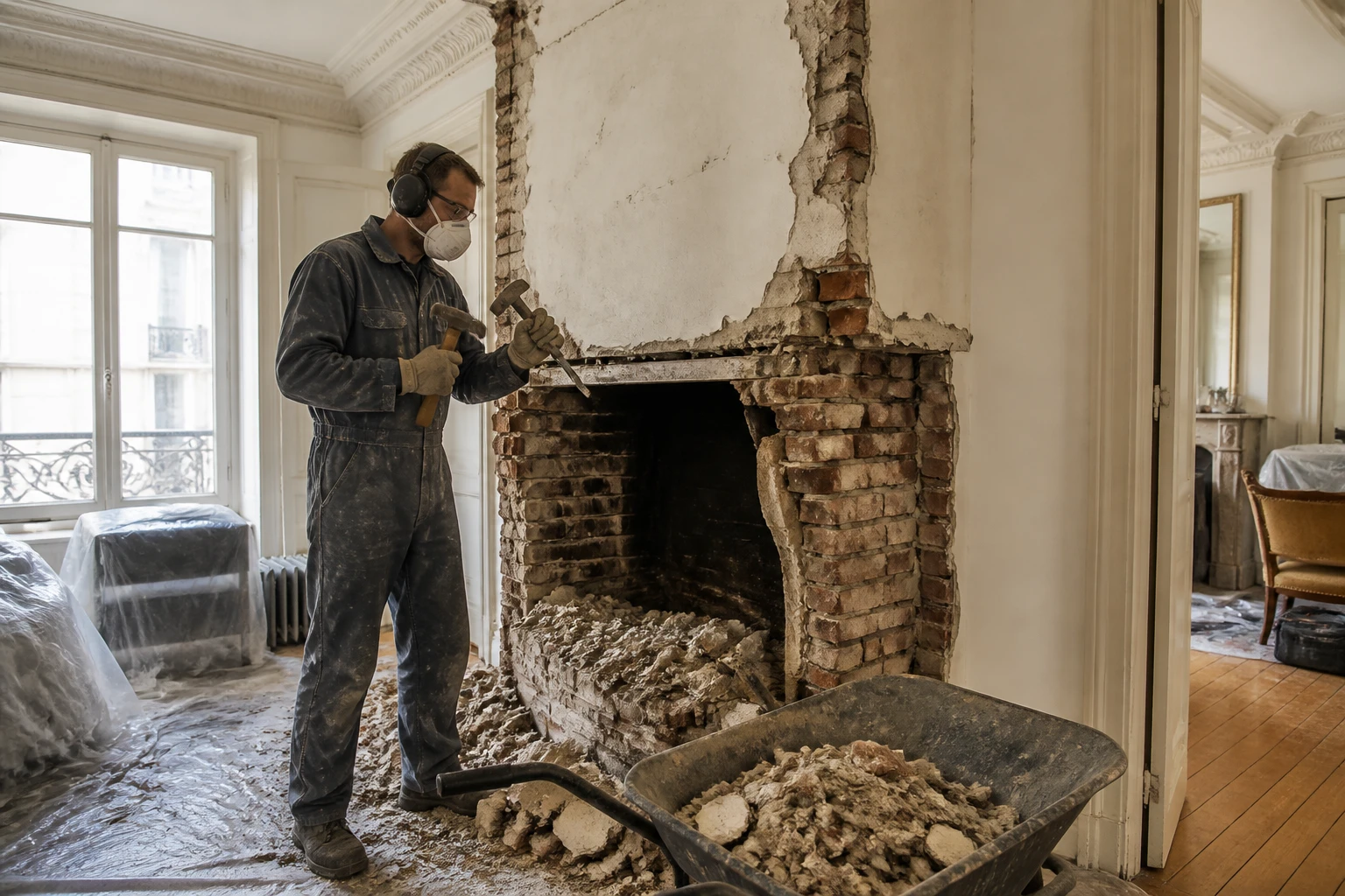 Ouvrier en protection démontant une cheminée maçonnée ancienne dans un salon rénové