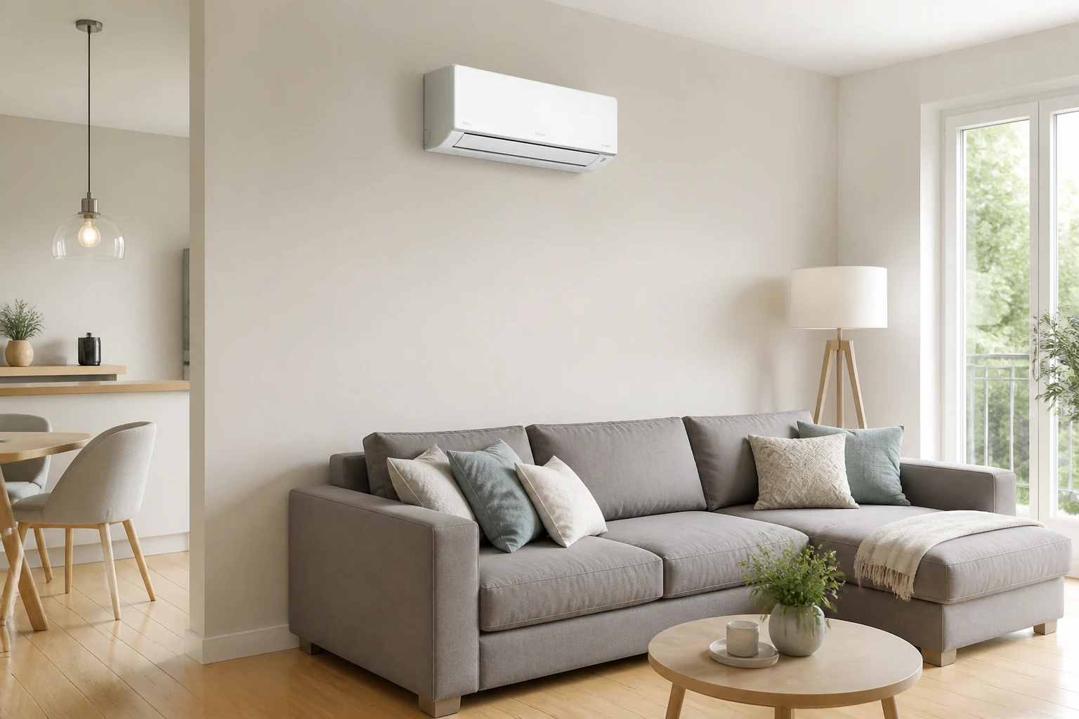 Unité intérieure de climatisation Atlantic installée sur un mur blanc dans un salon moderne