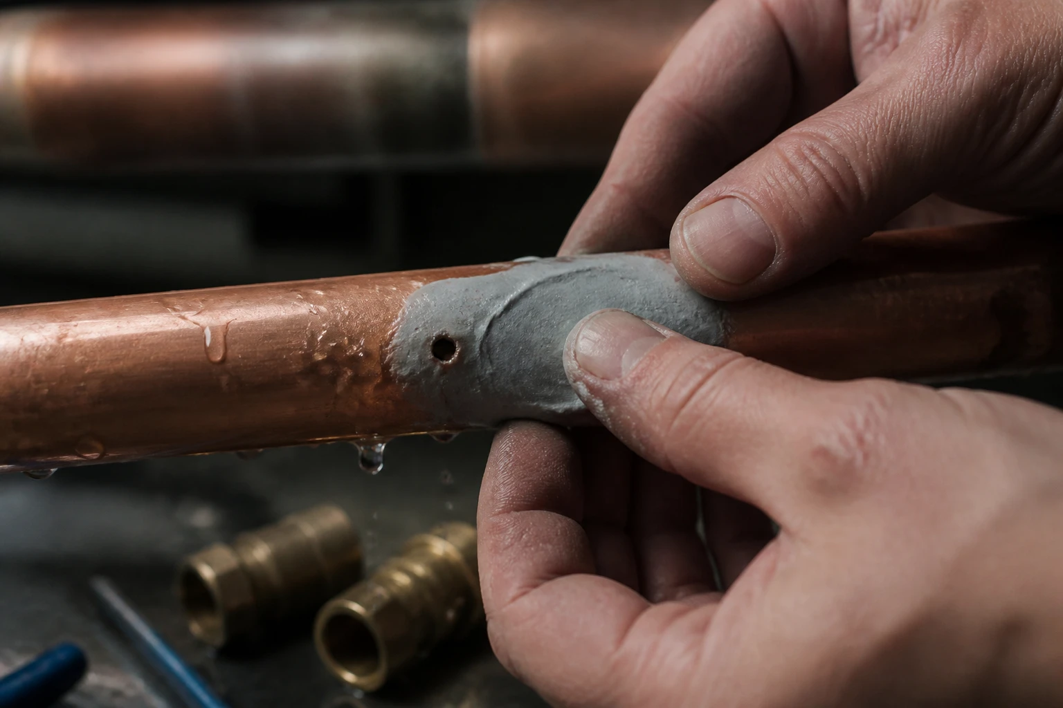 Application de mastic époxy sur une fuite de tuyau en cuivre sous pression