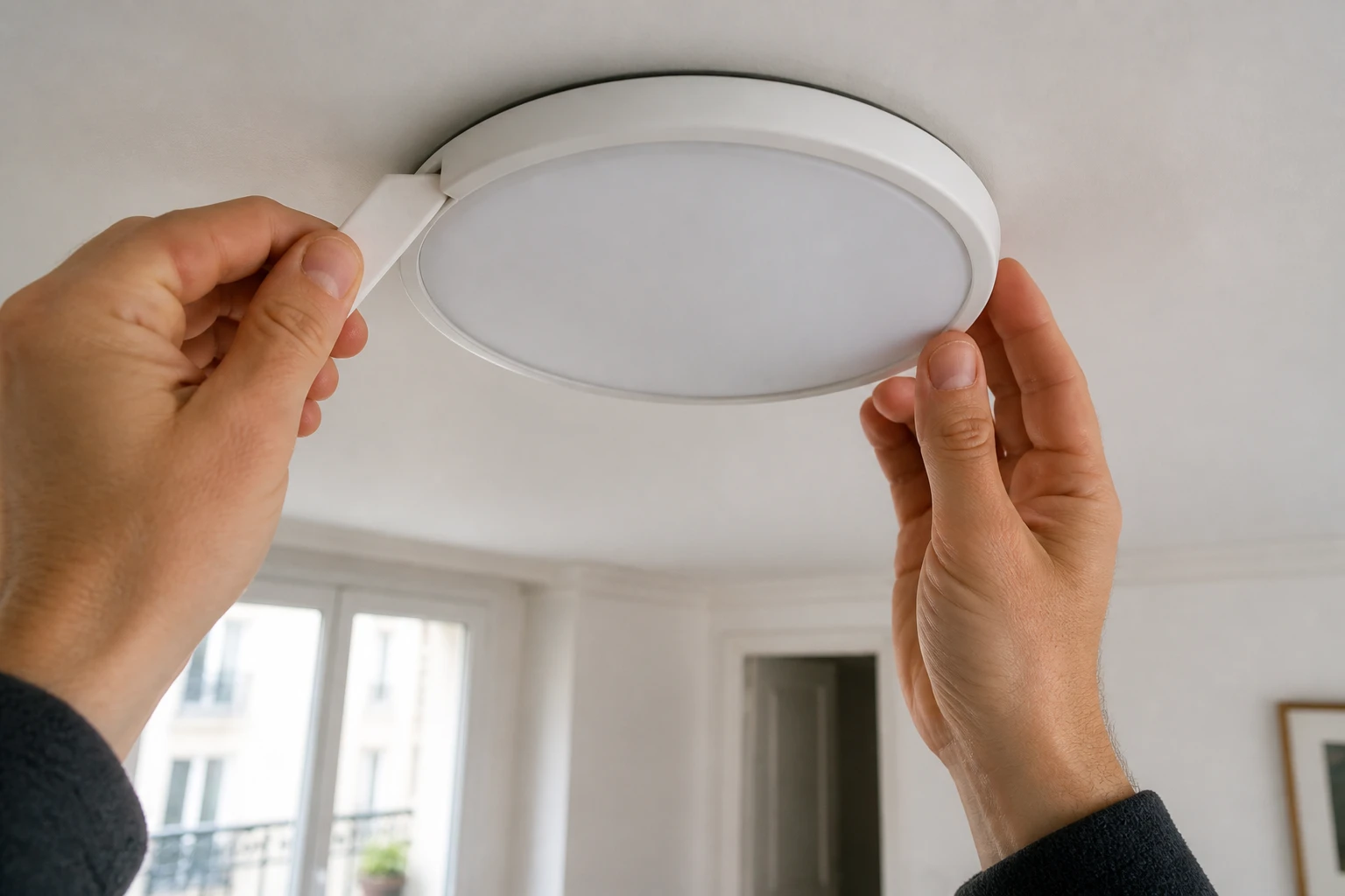 Main utilisant une spatule plastique pour déclipser un plafonnier LED rond blanc au plafond
