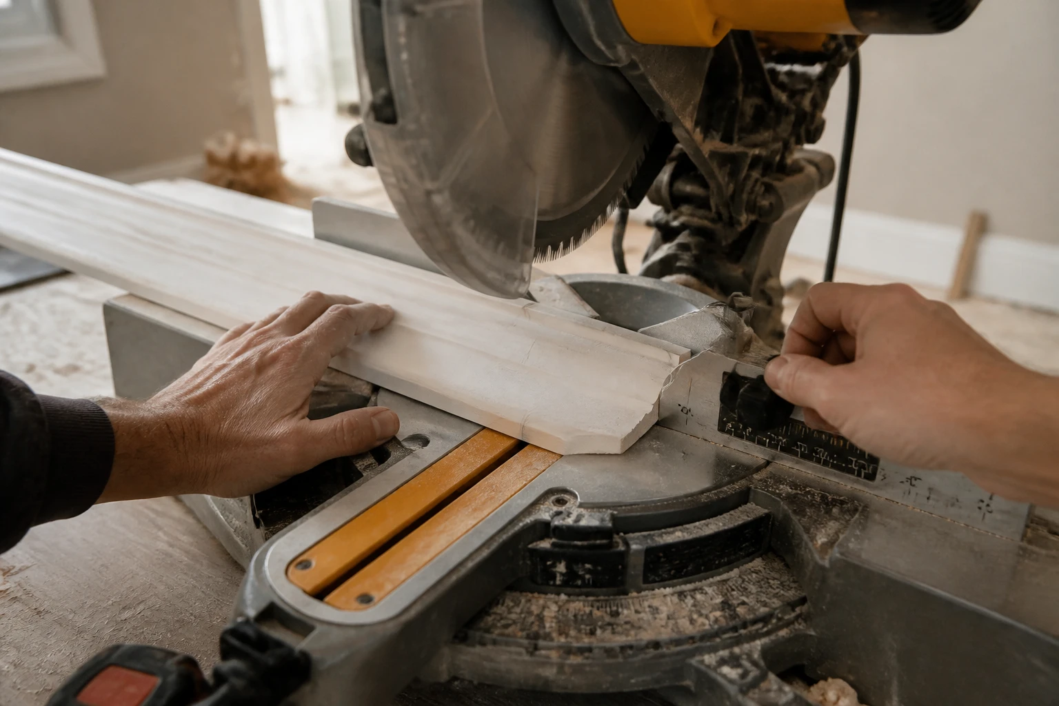 Coupe d'une plinthe en bois sur scie à onglet réglée pour un angle de 45 degrés