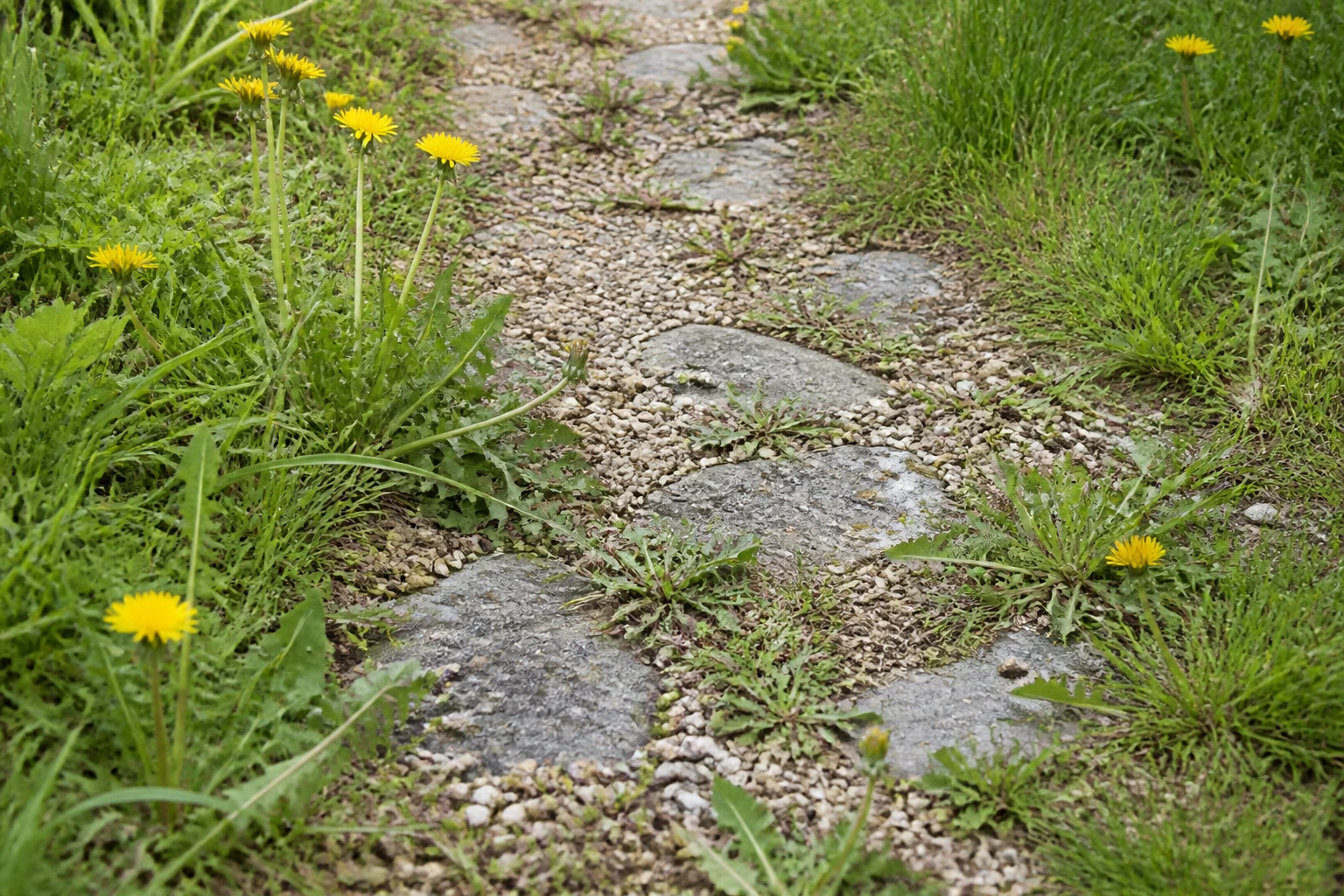 Allée de jardin envahie de mauvaises herbes entre les graviers avant désherbage thermique