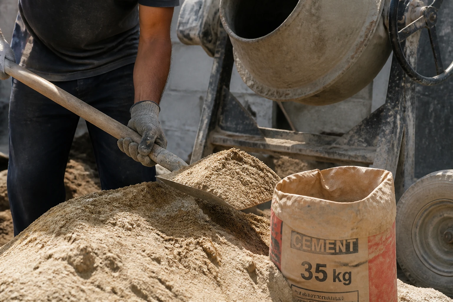 Ouvrier dosant du sable à la pelle pour béton avec un sac de ciment de 35 kg sur chantier