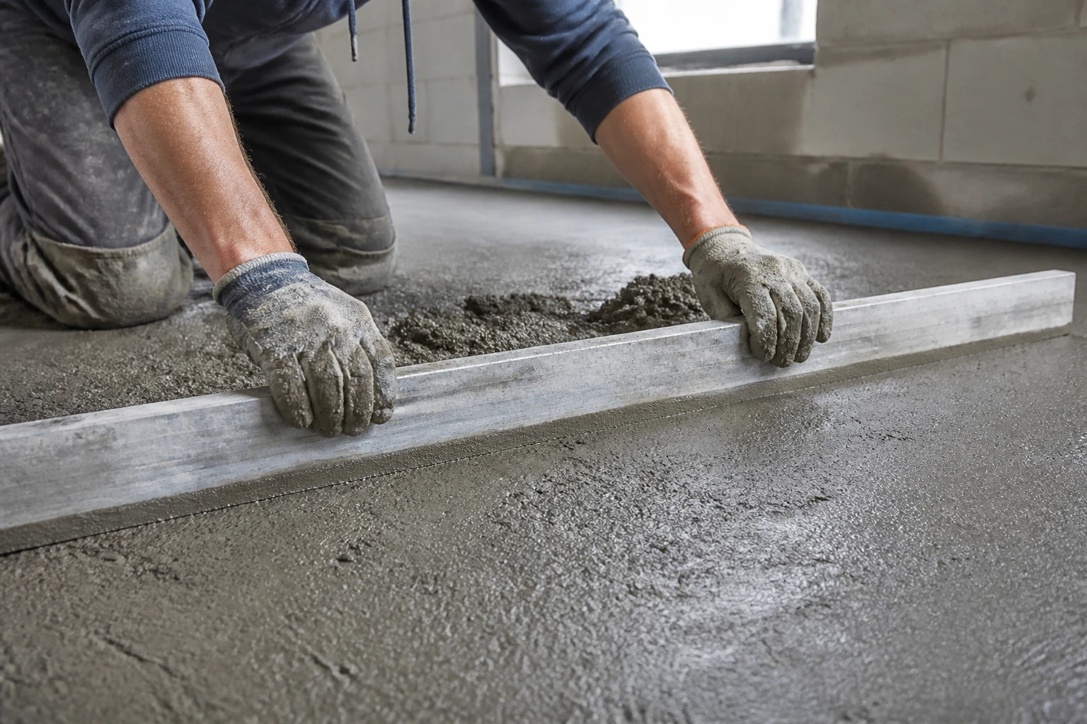 Pose d'une chape maigre sur dalle béton, tirage à la règle aluminium en intérieur
