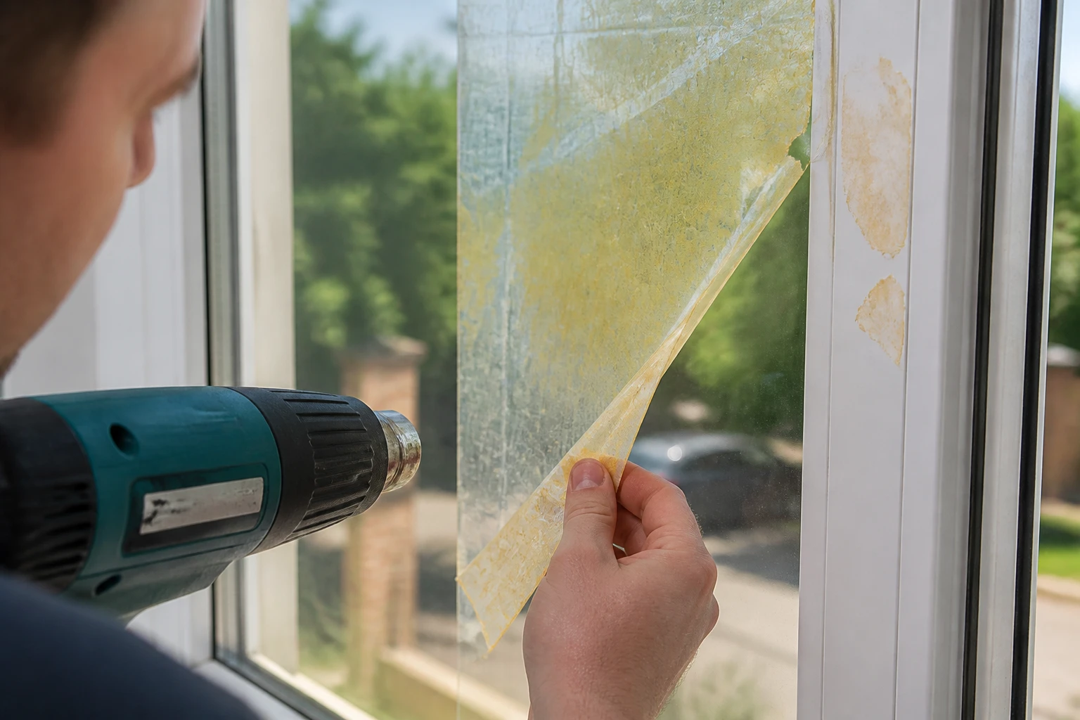 Retrait d'un film protecteur cuit par le soleil sur une menuiserie PVC blanche avec décapeur thermique