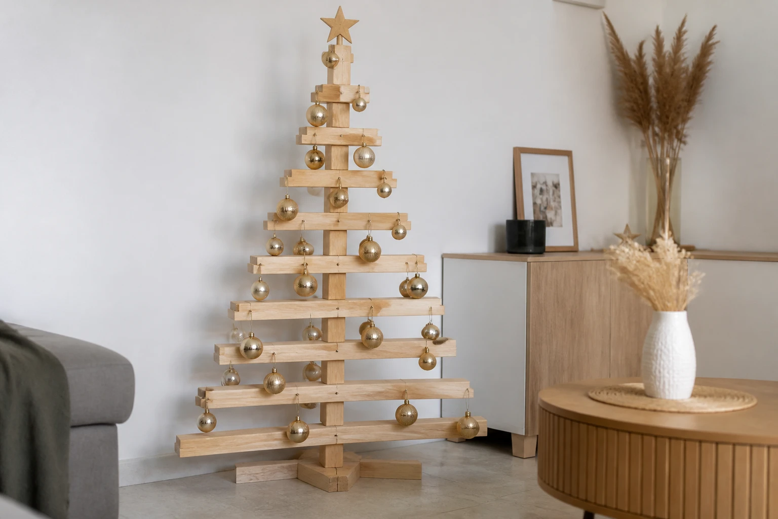 Sapin en bois fait maison avec des tasseaux de pin, branches symétriques et décoration naturelle, salon moderne