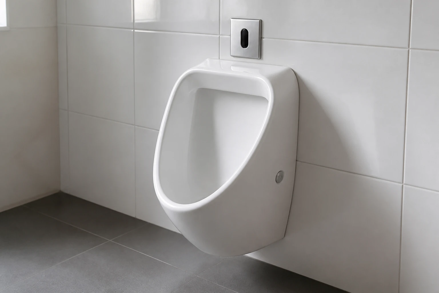 Urinoir mural installé à hauteur standard dans des sanitaires carrelés blancs, lumière naturelle