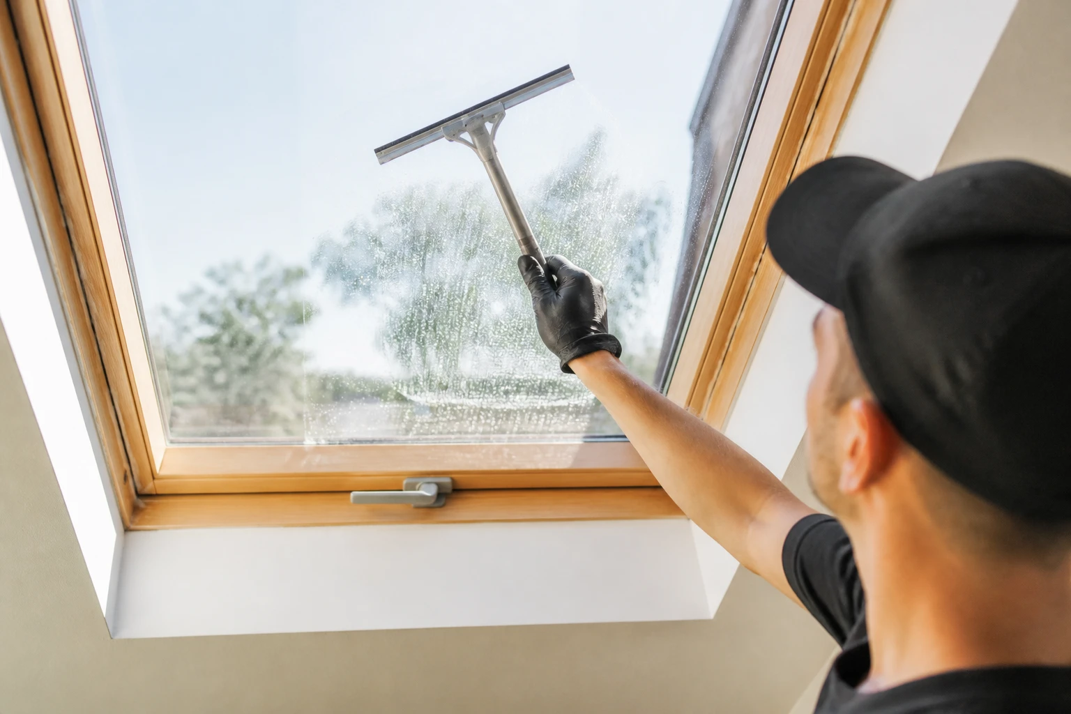 Nettoyage d'un Velux pivotant depuis l'intérieur, raclette sur vitre inclinée, lumière naturelle