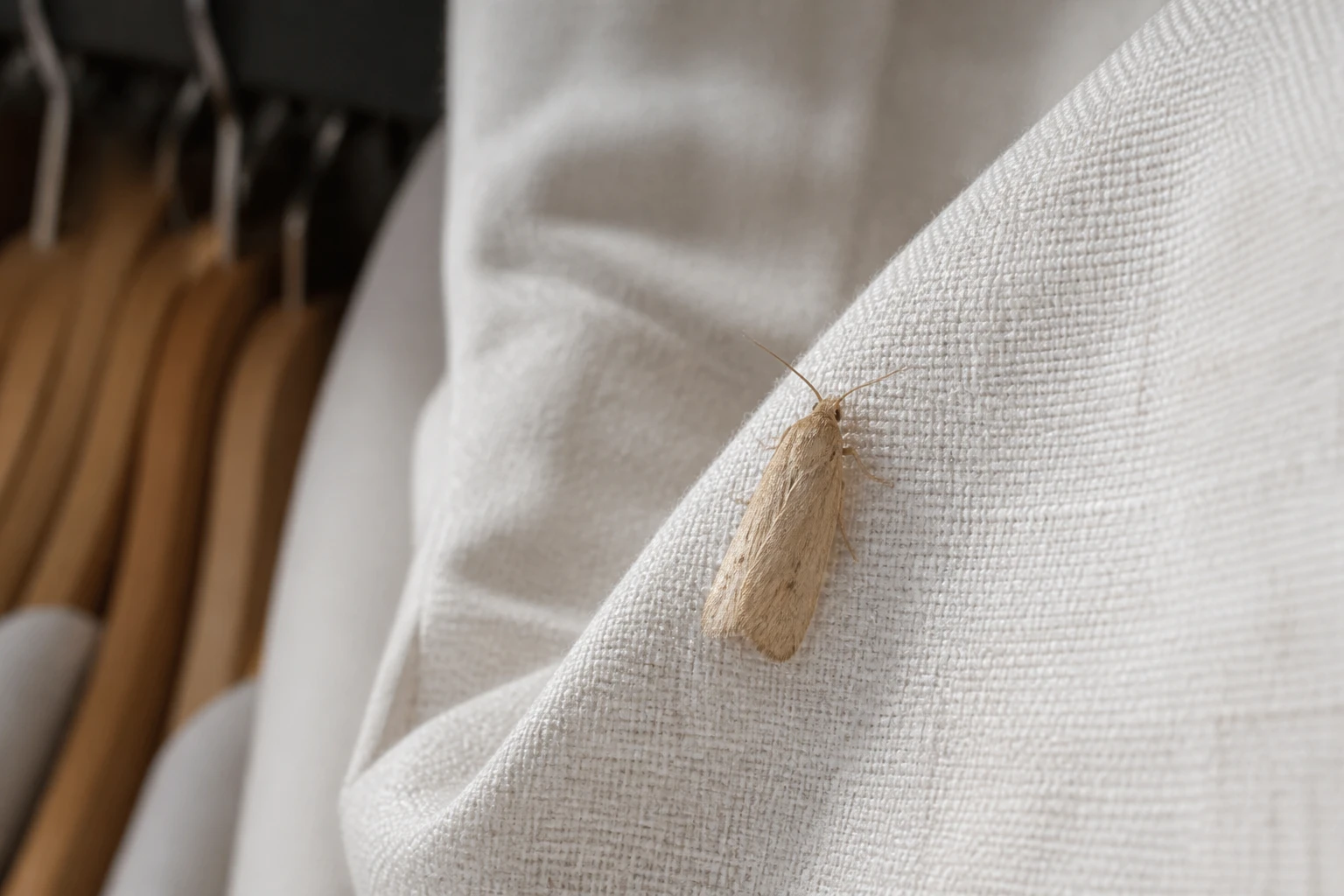 Papillon de nuit posé sur un tissu en laine beige à l'intérieur d'un placard, éclairage naturel doux