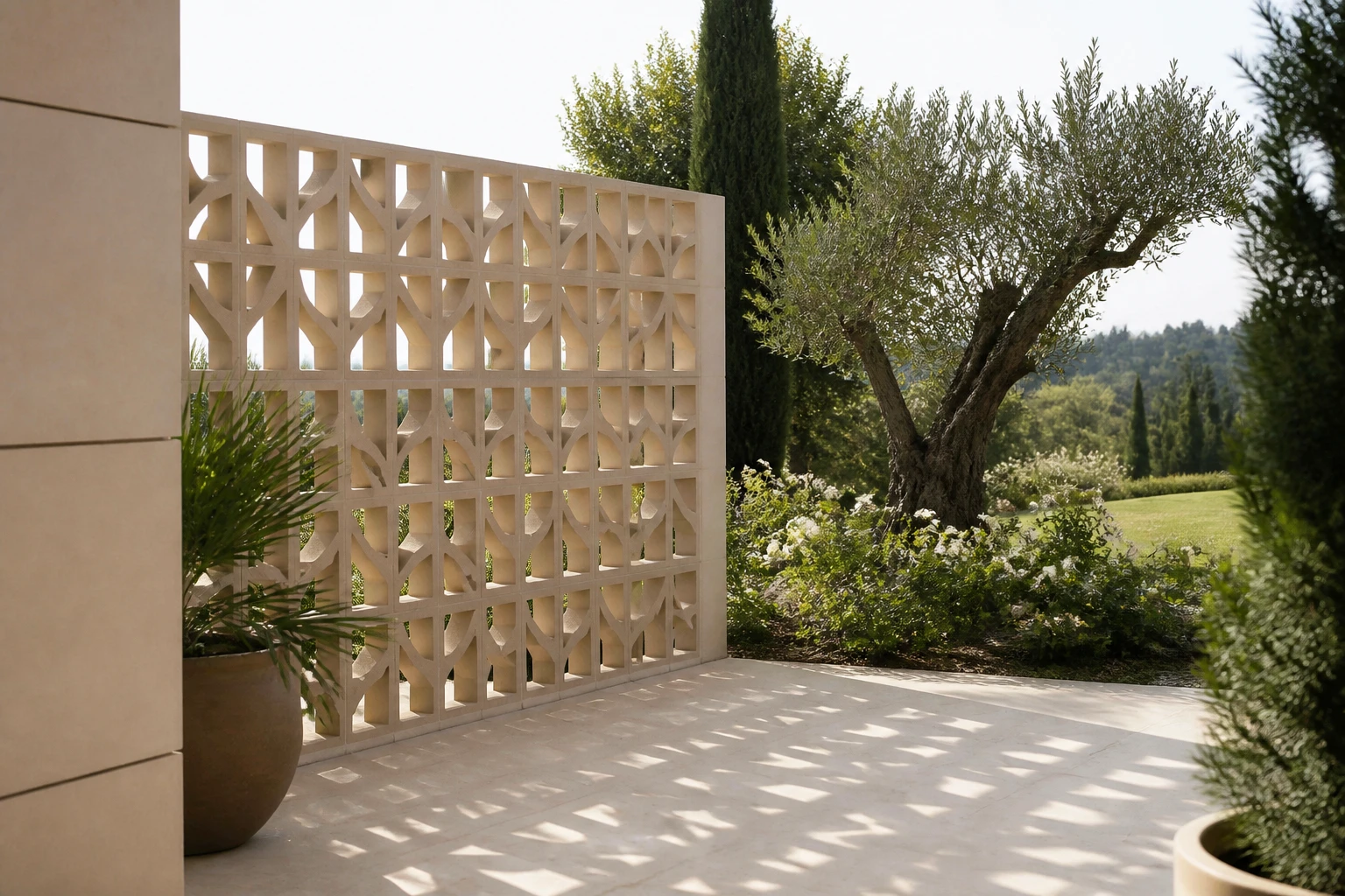Mur claustra en parpaing décoratif ajouré dans un jardin contemporain avec lumière dorée
