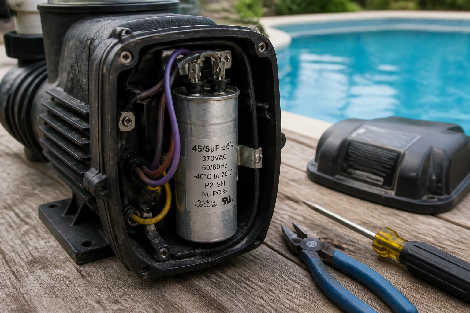 Pompe de piscine ouverte montrant le condensateur cylindrique, outils posés à côté, eau de piscine en arrière-plan