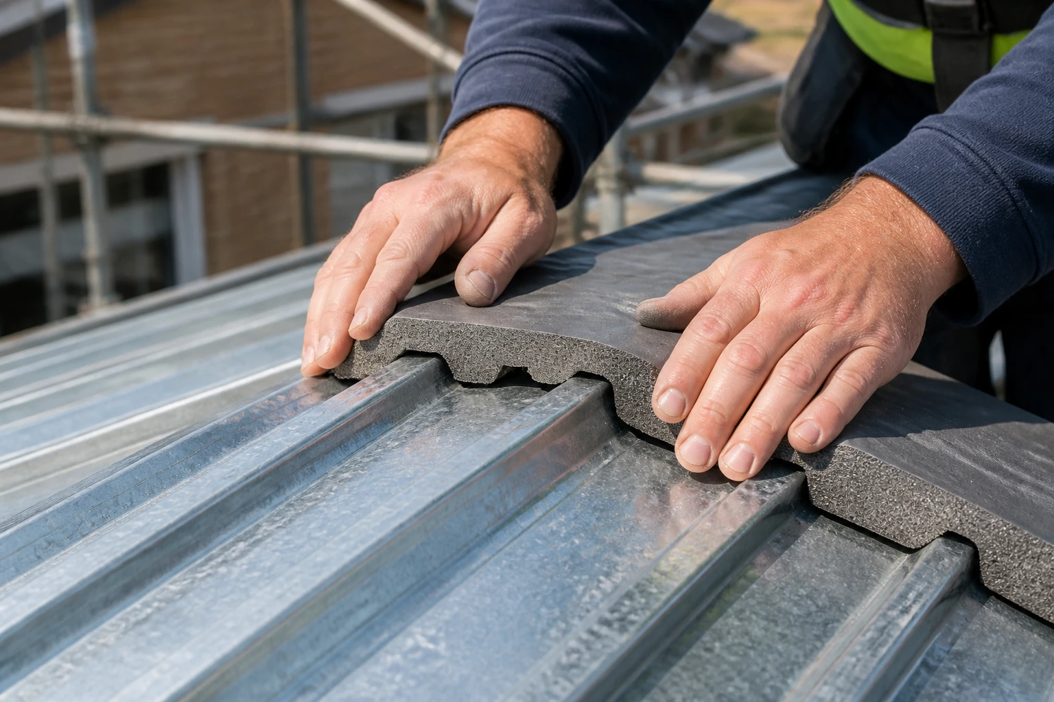 Pose d'une bande trapco en mousse sur plaques de toiture trapézoïdales en acier galvanisé, chantier professionnel