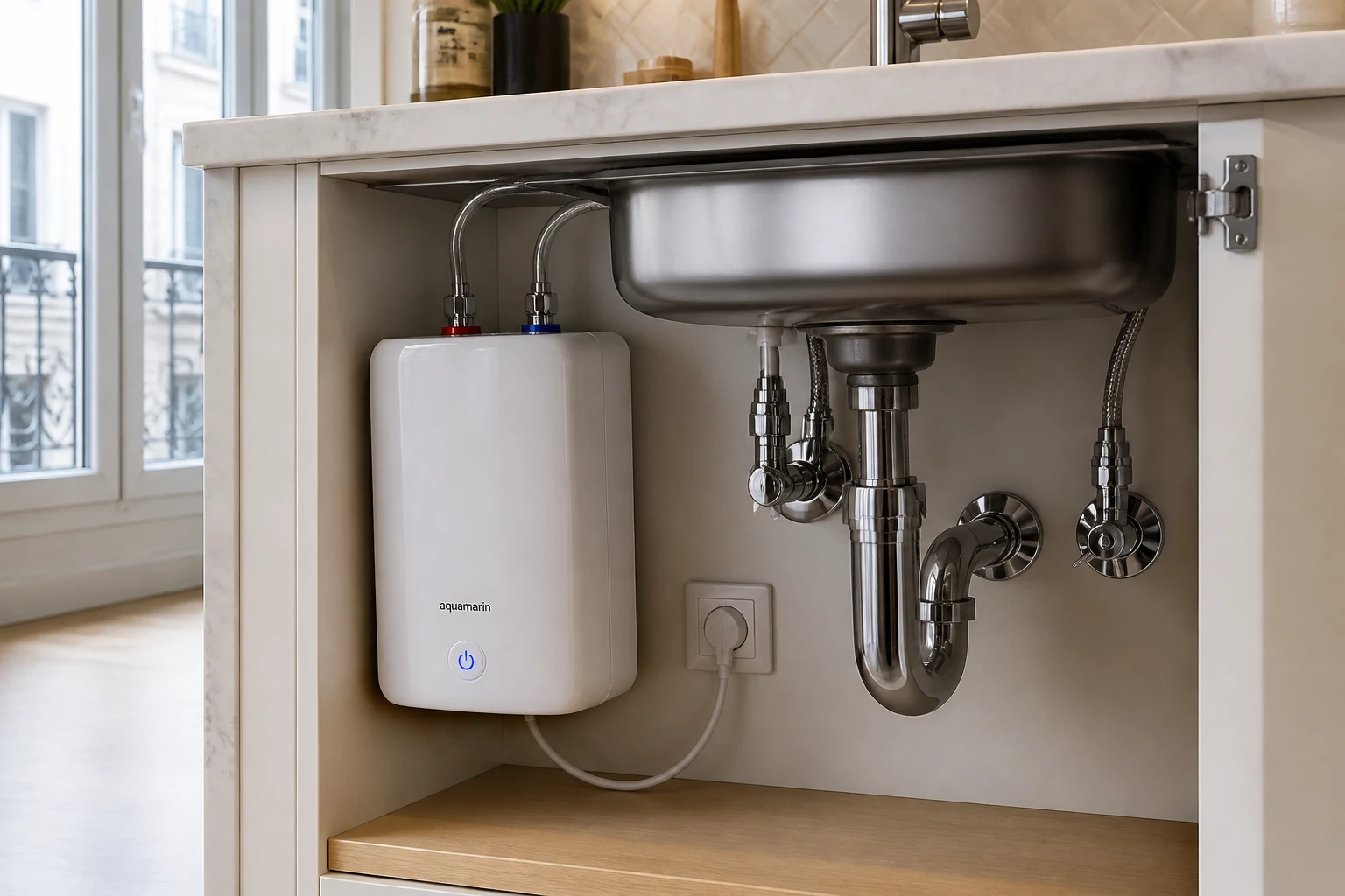 Chauffe-eau instantané électrique blanc installé sous un évier de cuisine avec raccords chromés