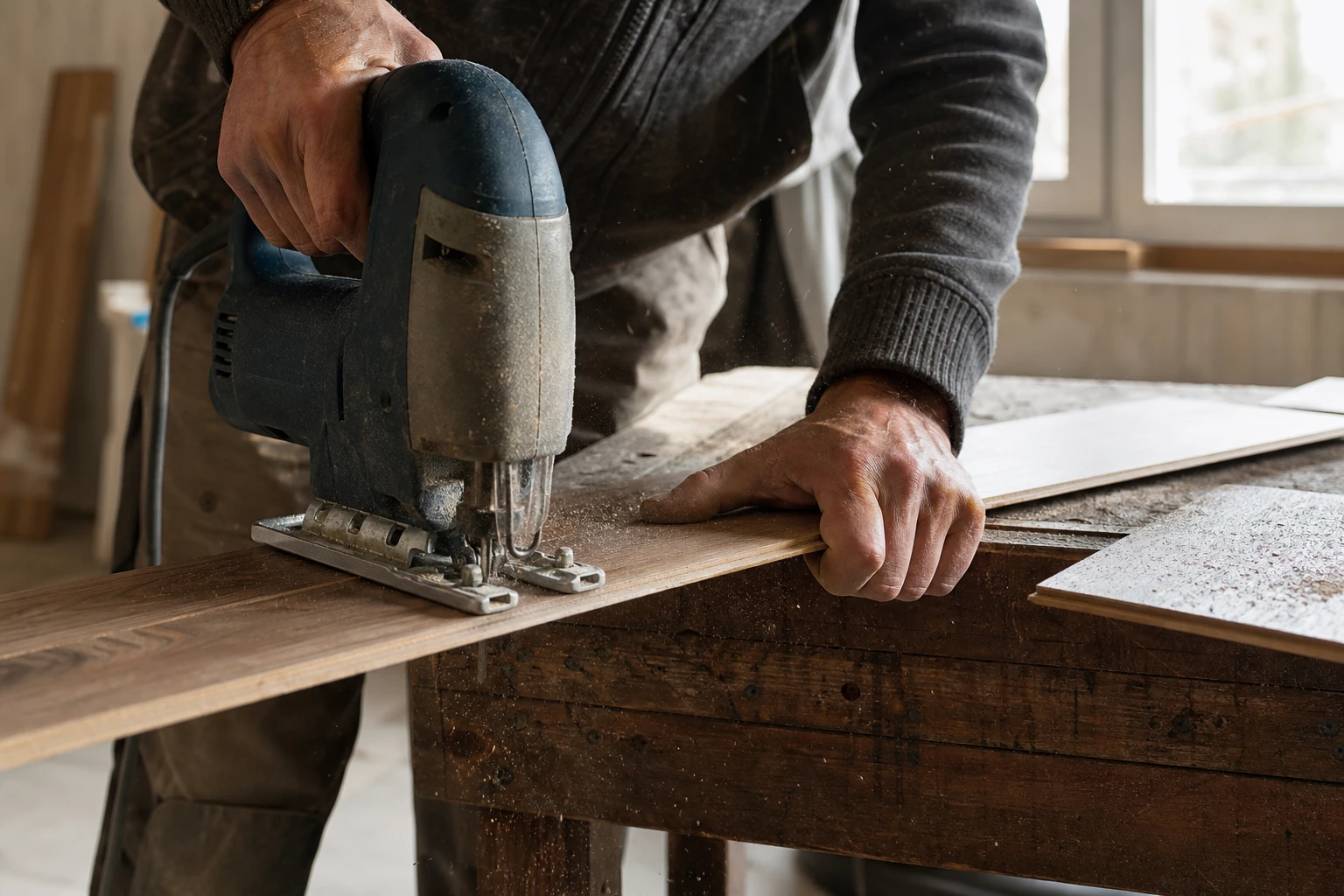 Artisan coupant une lame de parquet stratifié à la scie sauteuse sur un établi