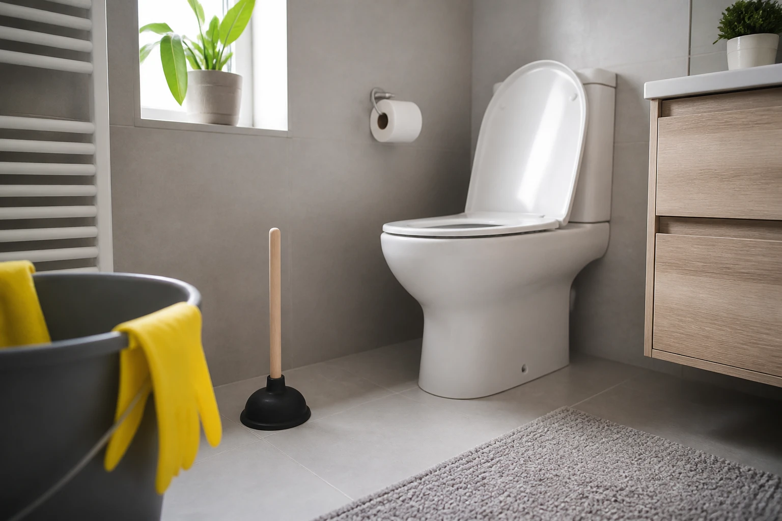 Ventouse et seau posés près de toilettes blanches pour un débouchage à domicile