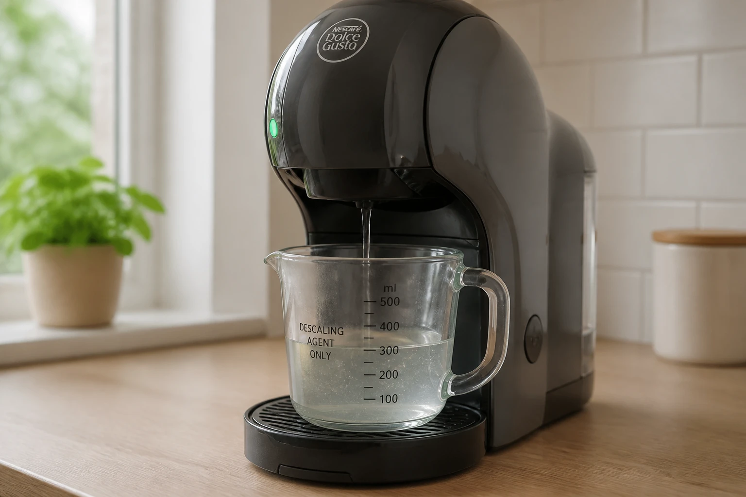 Machine Dolce Gusto sur un plan de cuisine avec un pichet transparent récupérant la solution de détartrage