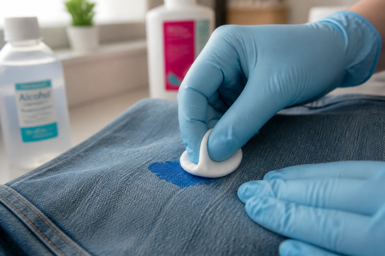 Mains gantées tamponnant une tache de peinture sur un jean en denim avec un coton