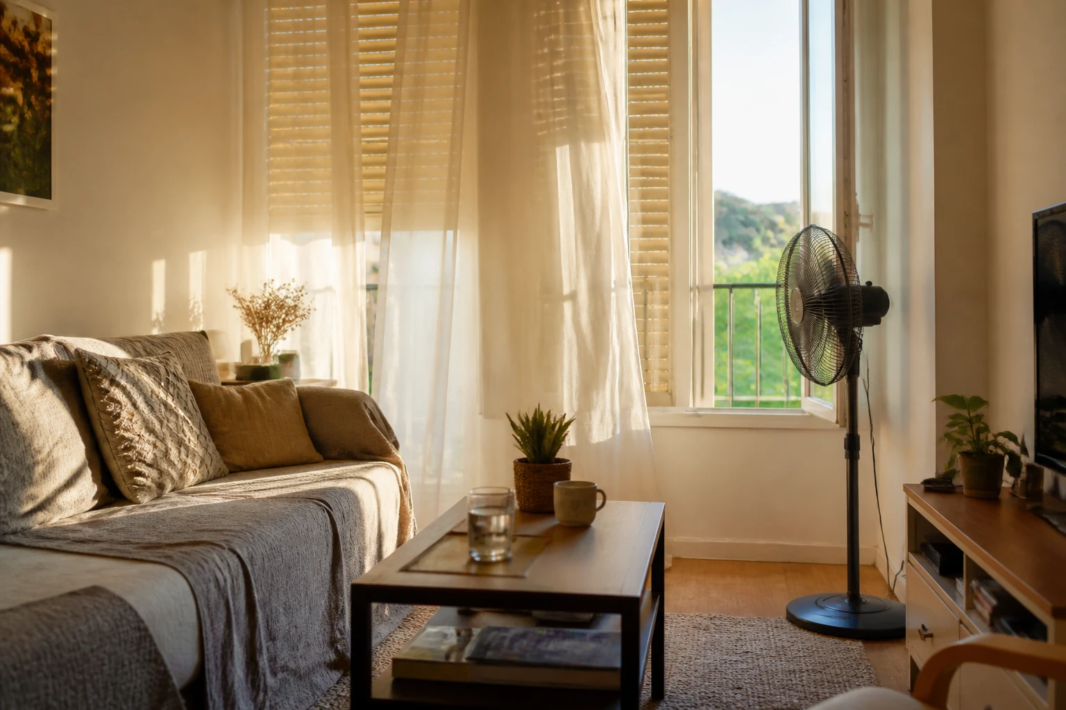 Salon avec volets entrouverts et ventilateur près d'une fenêtre pour rafraîchir la pièce