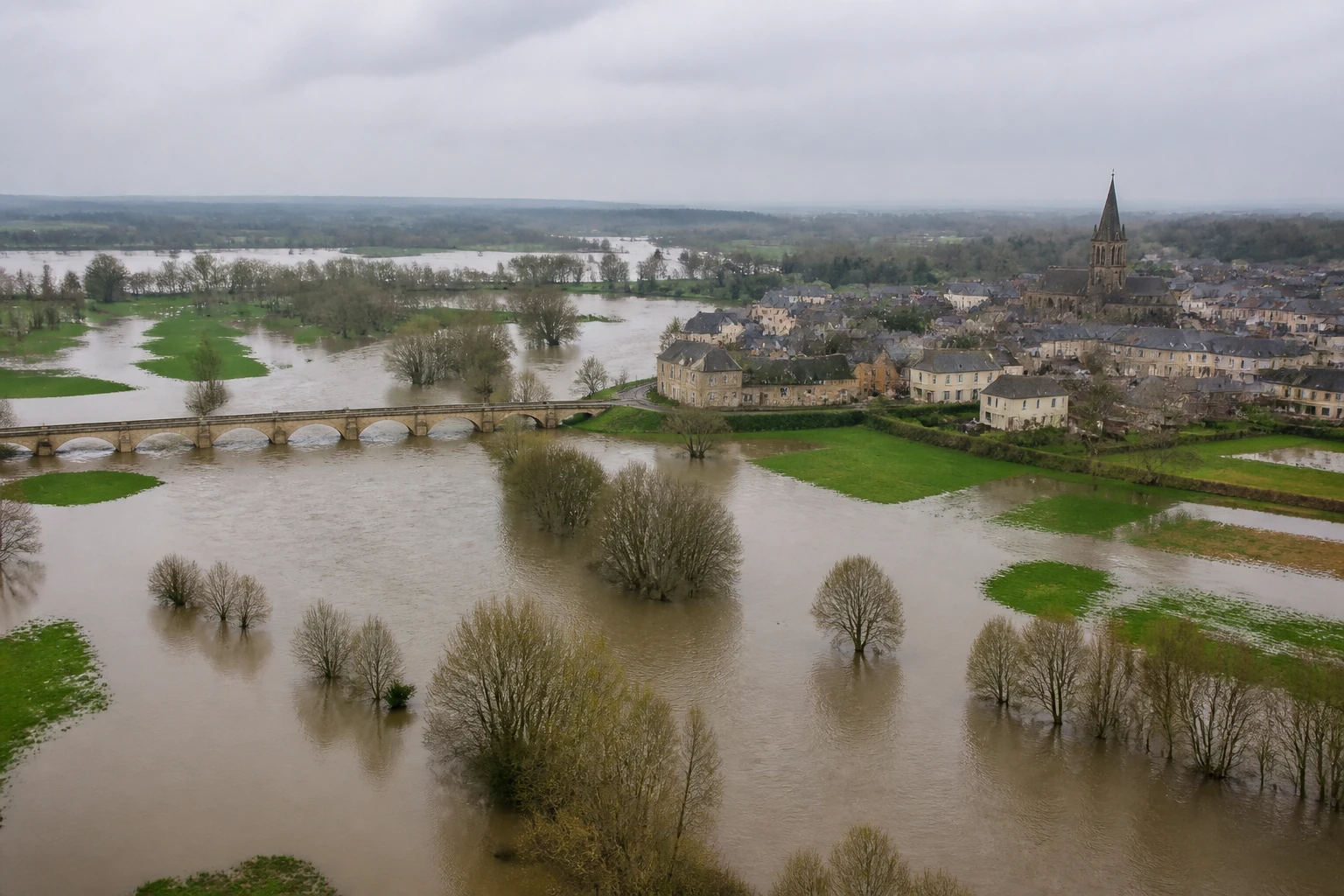Crue saisonnière sur une rivière française au printemps, plaine alluviale inondée et pont en pierre partiellement submergé