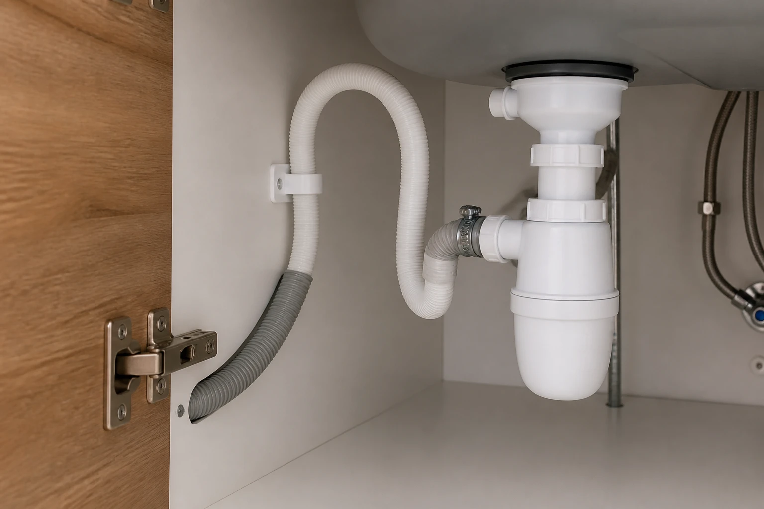 Raccordement tuyau flexible d'évacuation lave-vaisselle sur siphon sous évier de cuisine
