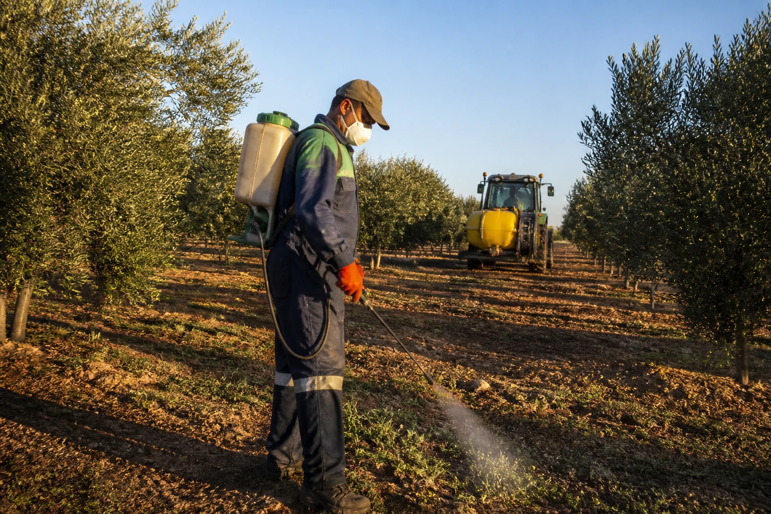 Agriculteur espagnol pulvérisant du glyphosate entre les rangs d'une oliveraie en Andalousie