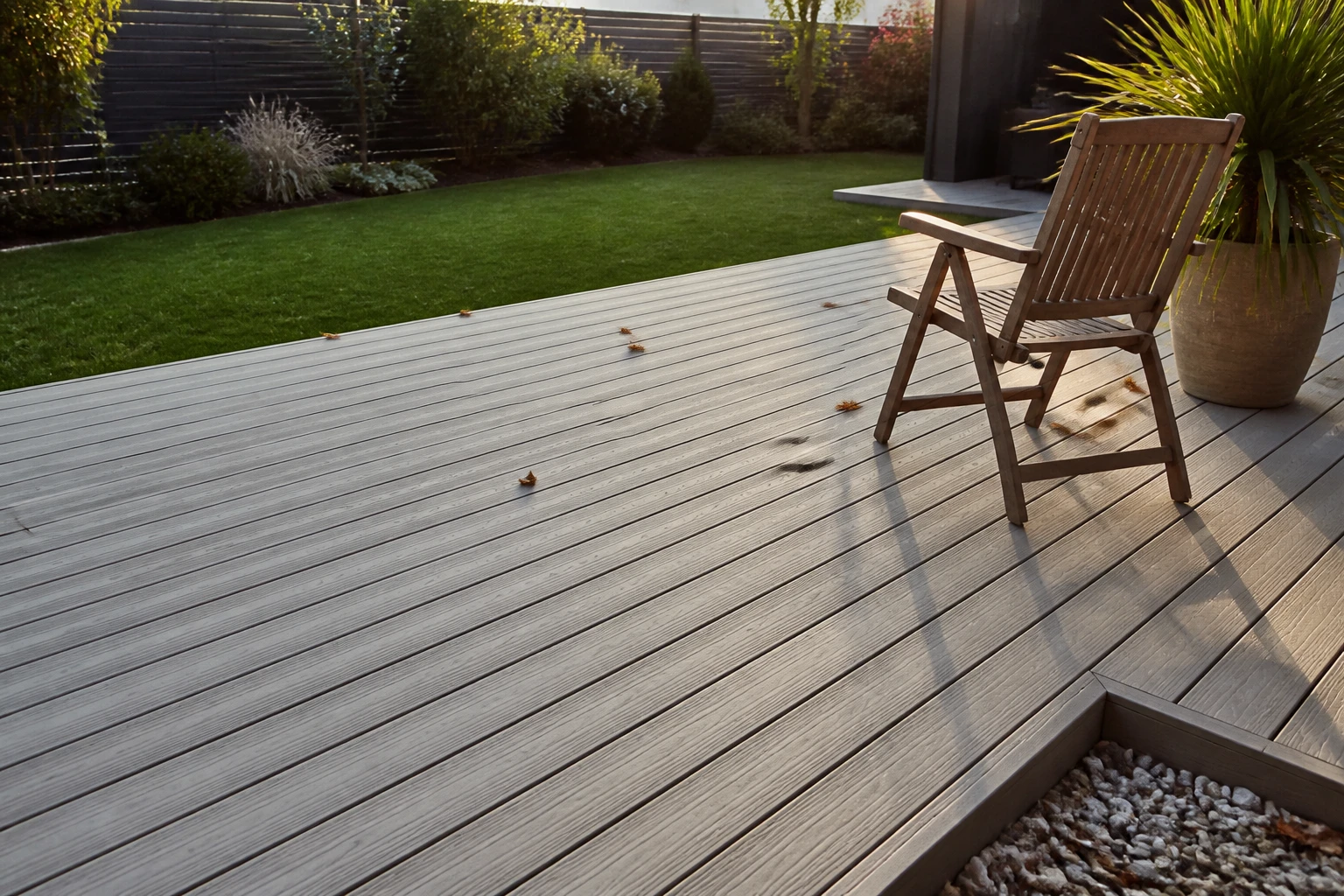 Terrasse en composite gris clair avec grainage bois visible, jardin résidentiel en fin de journée