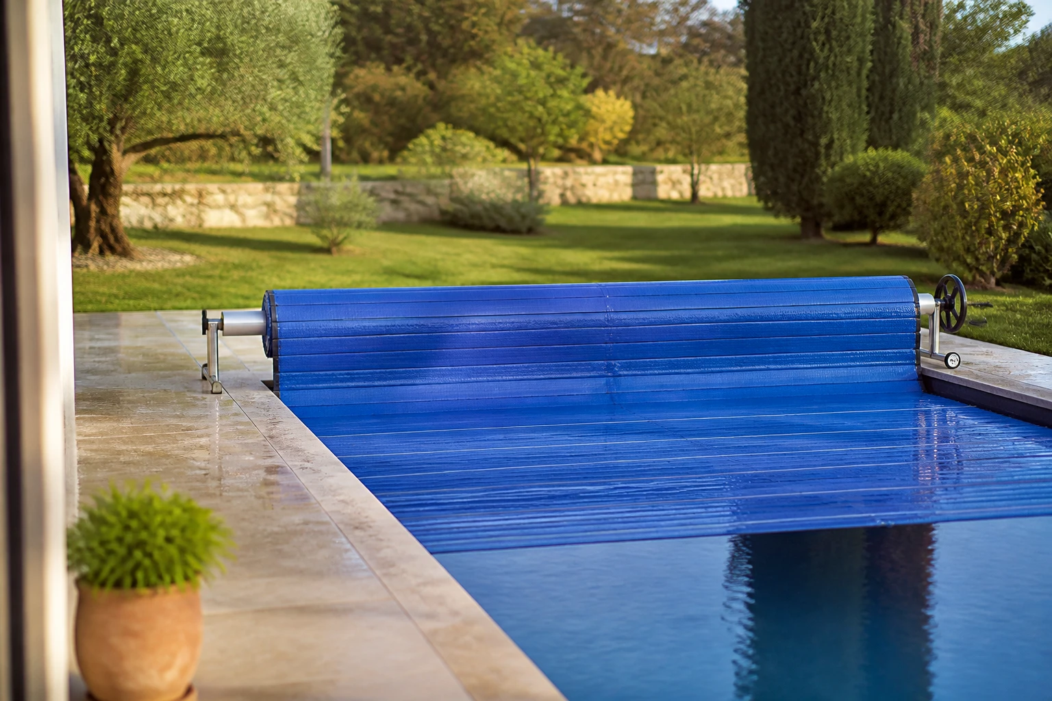 Bâche à barres bleue enroulée en bout de piscine avec margelle en pierre et jardin en arrière-plan