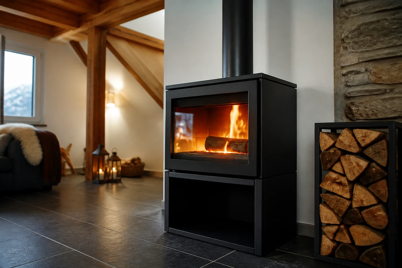 Poêle à bois en acier noir avec flammes visibles, installé dans un salon chaleureux avec poutres en bois