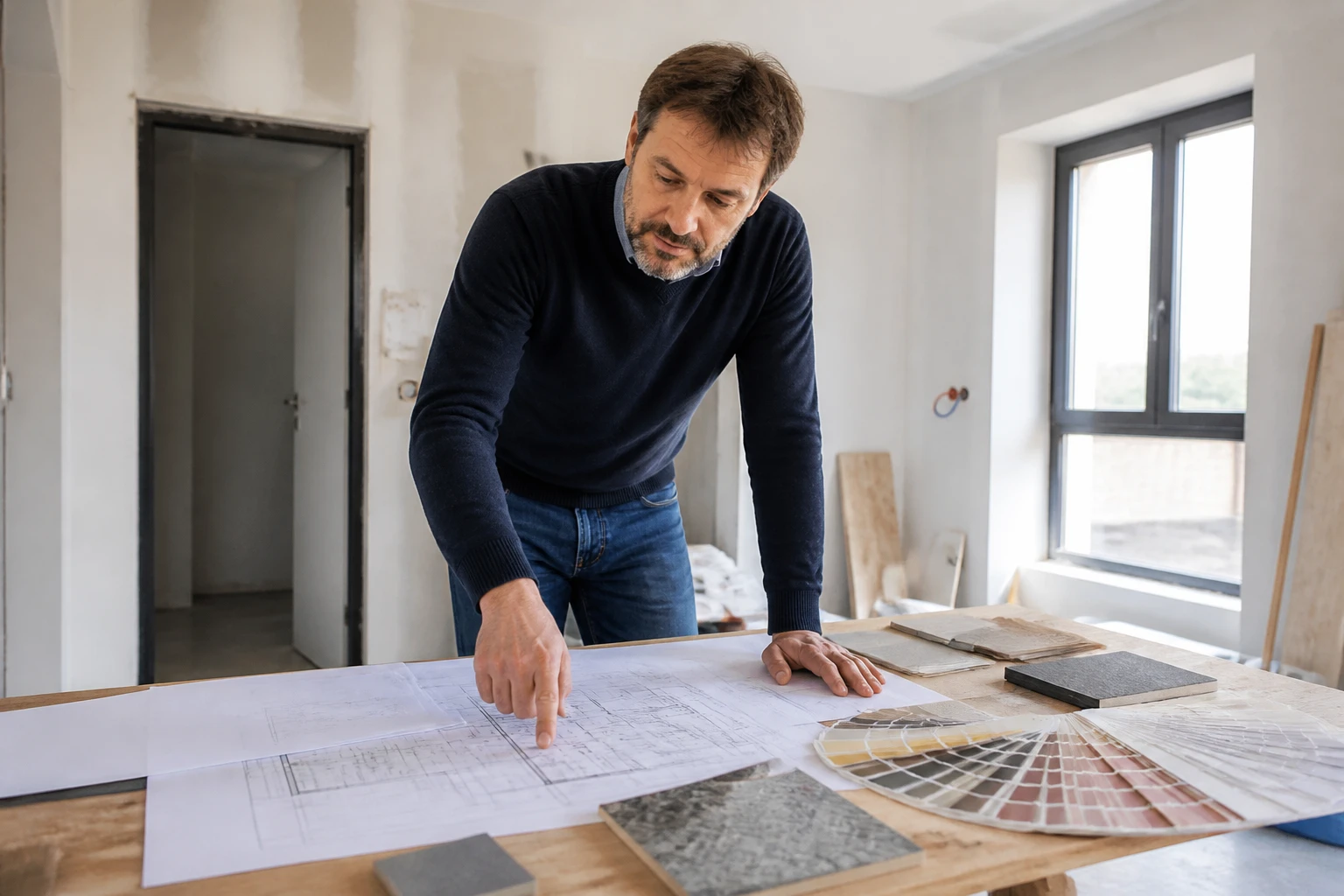 Architecte d'intérieur présentant des plans de rénovation sur une table de chantier