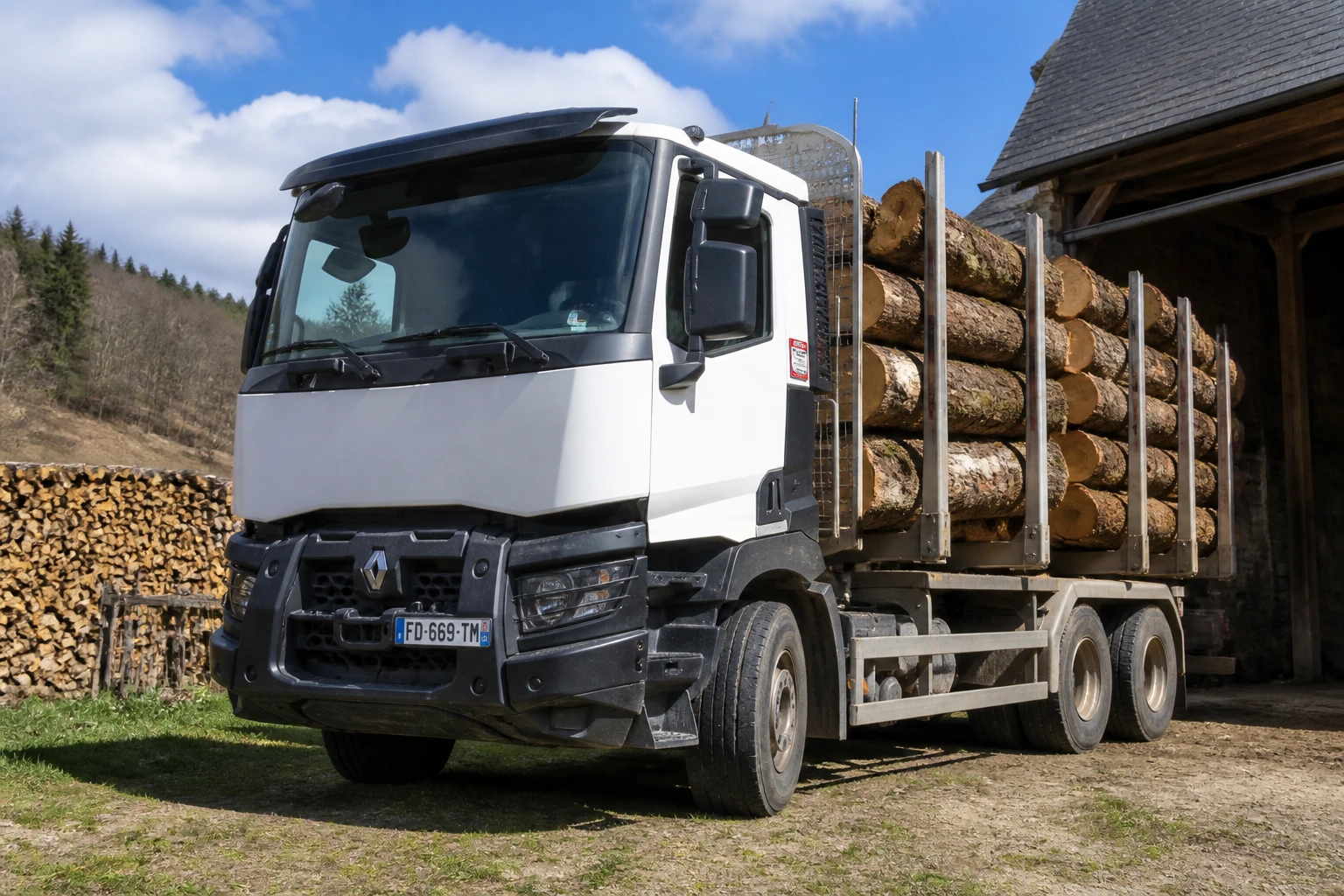 Camion chargé de grumes de bois livré dans une cour de ferme pour chauffage
