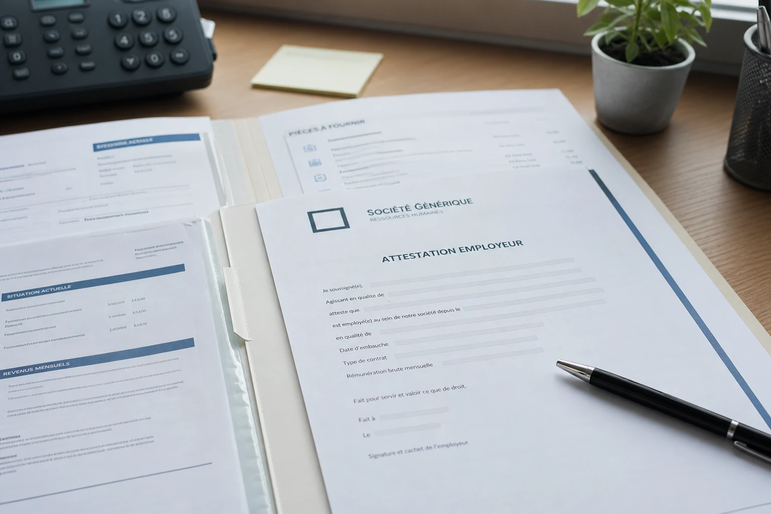 Dossier de location ouvert avec une attestation employeur et des documents administratifs sur un bureau
