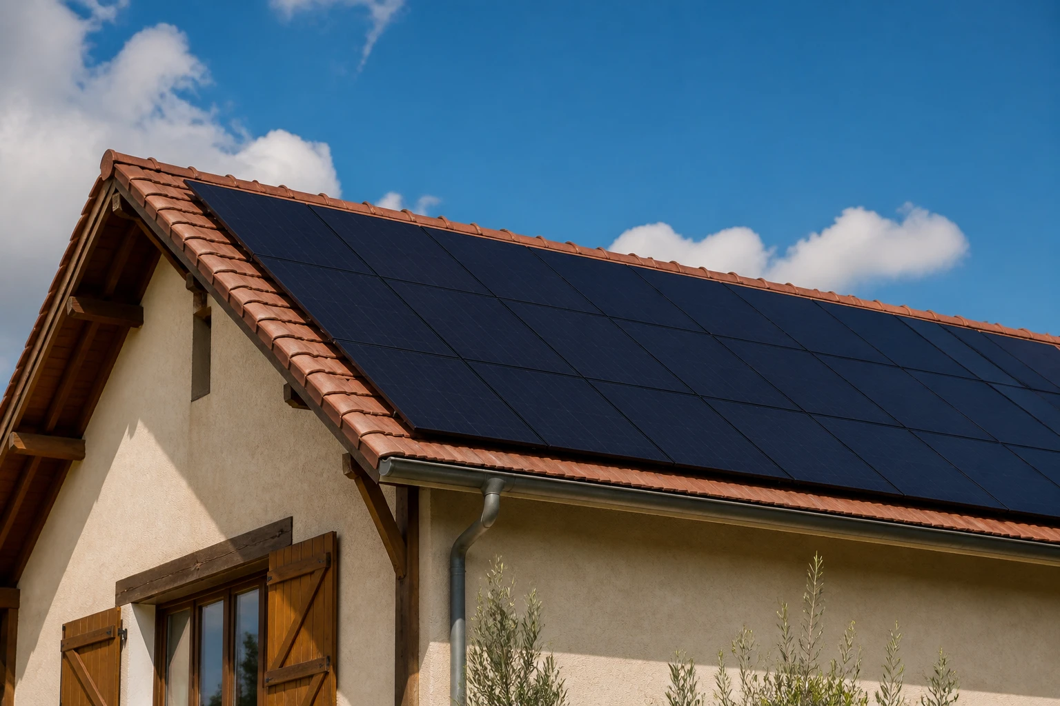 Toiture de maison avec panneaux photovoltaïques installés sous un ciel dégagé