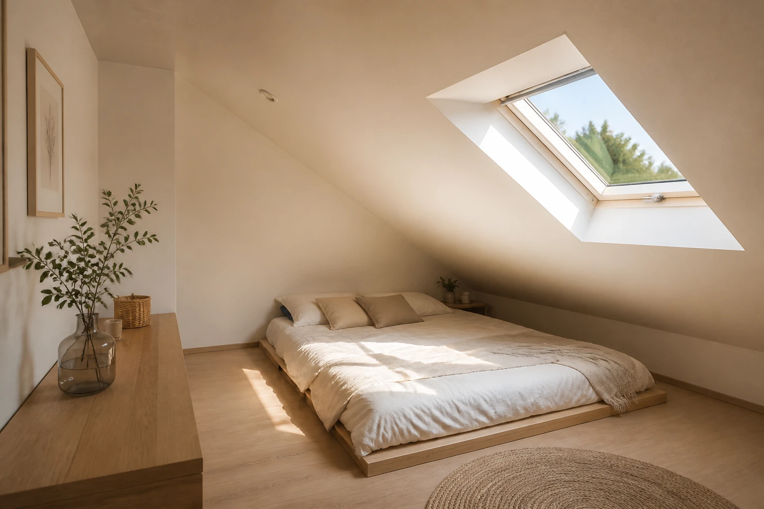 Chambre sous comble très bas avec lit plateforme bas sous la pente et fenêtre de toit