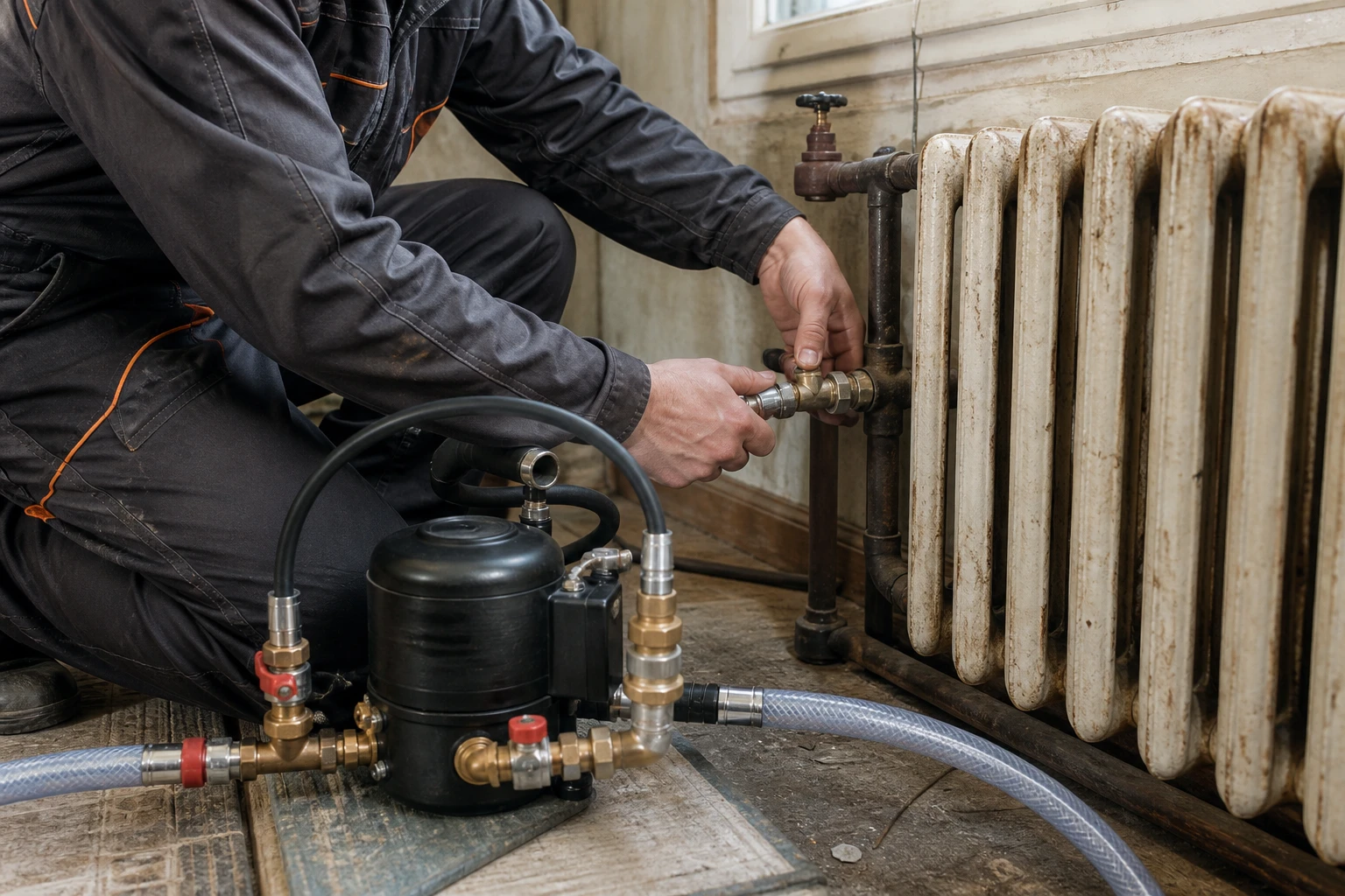 Technicien raccordant une pompe de désembouage à un radiateur pendant une intervention de chauffage