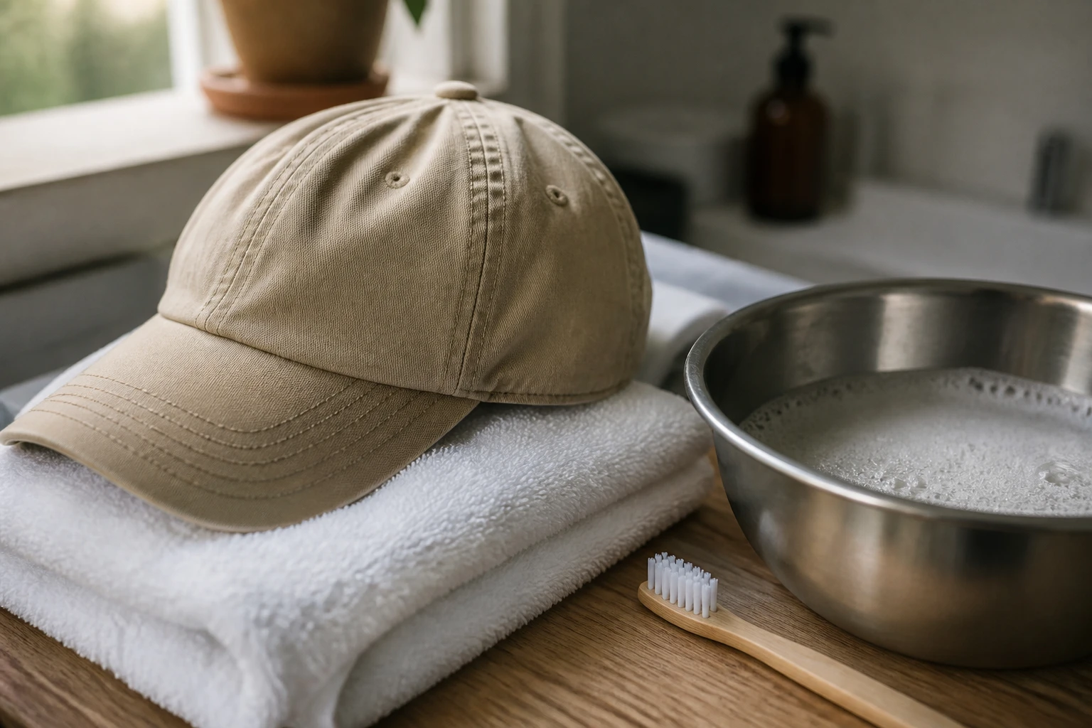 Casquette en coton posée sur une serviette avant lavage à la main avec brosse à dents douce