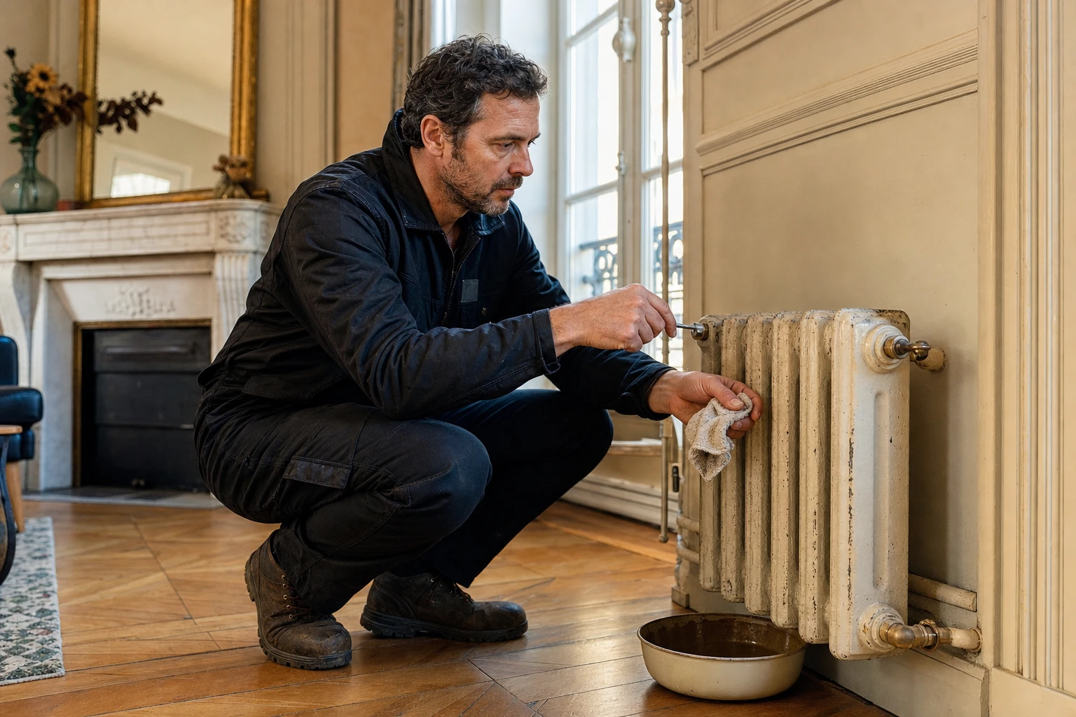 Homme purgeant un radiateur en fonte avec une clé de purge et un chiffon au sol