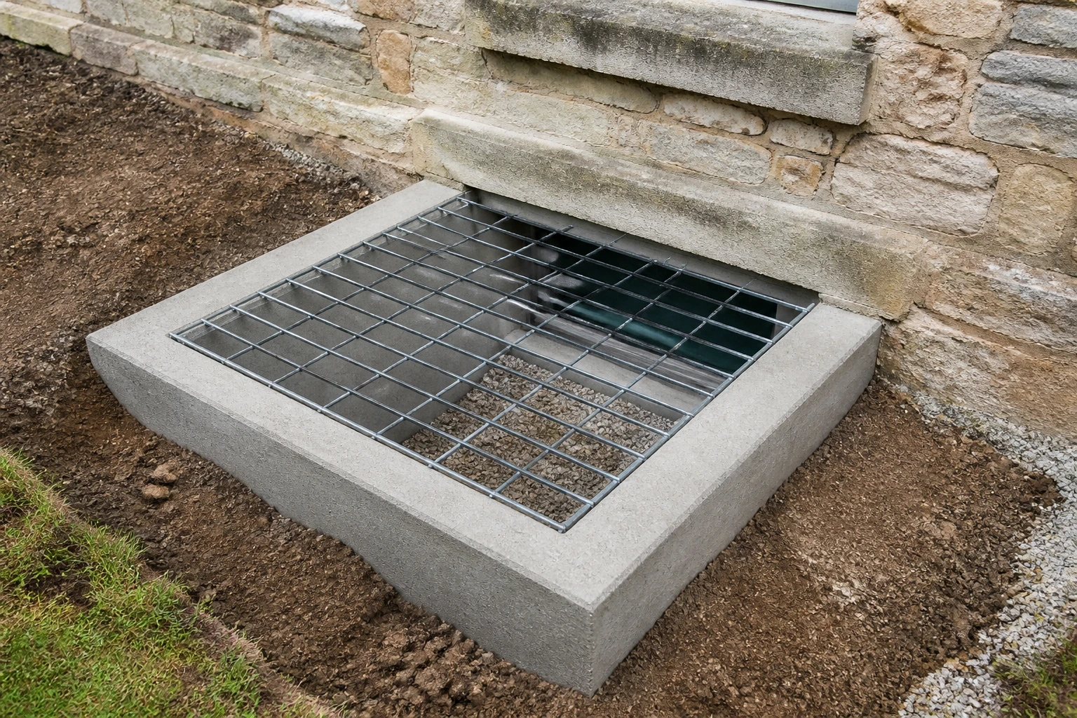 Cour anglaise en béton installée contre un mur de soubassement avec grille métallique et fond drainant en gravier