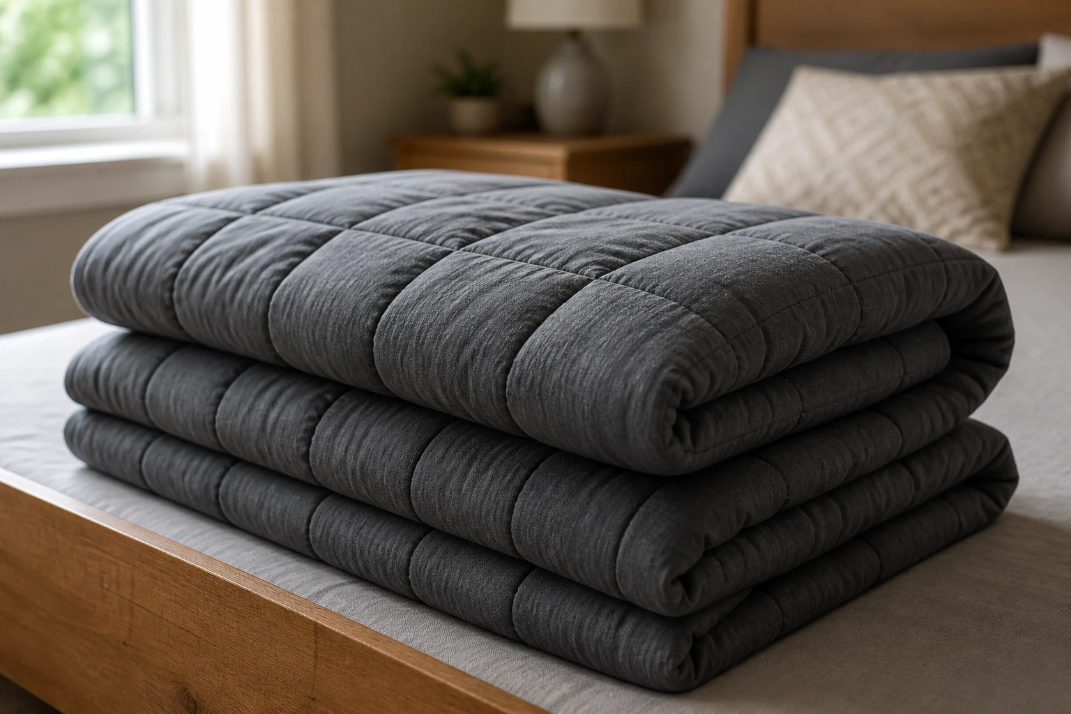 Couverture lestée grise pliée sur un lit, montrant les compartiments cousus du lestage intérieur
