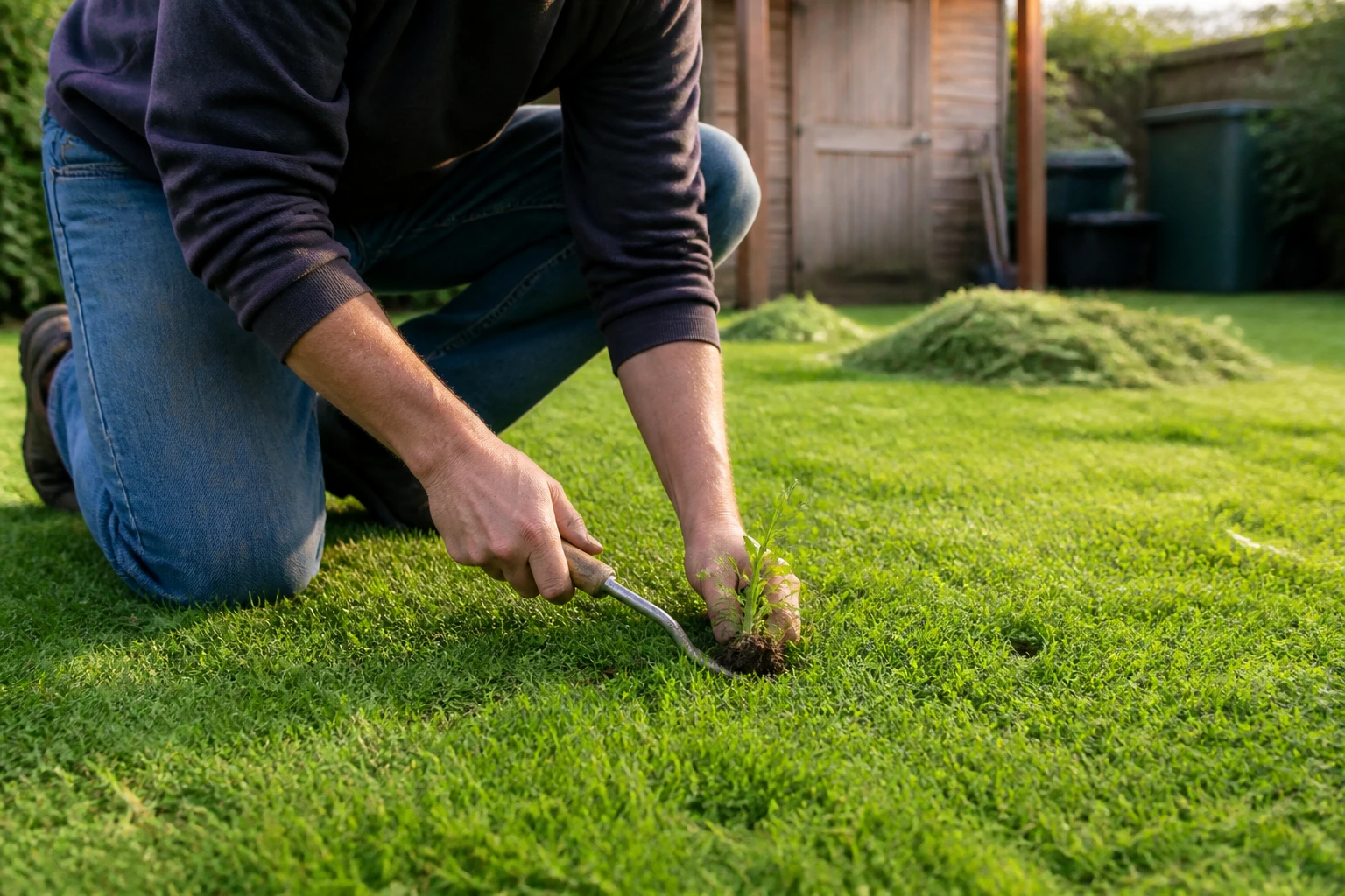 Homme arrachant une mauvaise herbe à la main sur une pelouse verte avec un couteau désherbeur