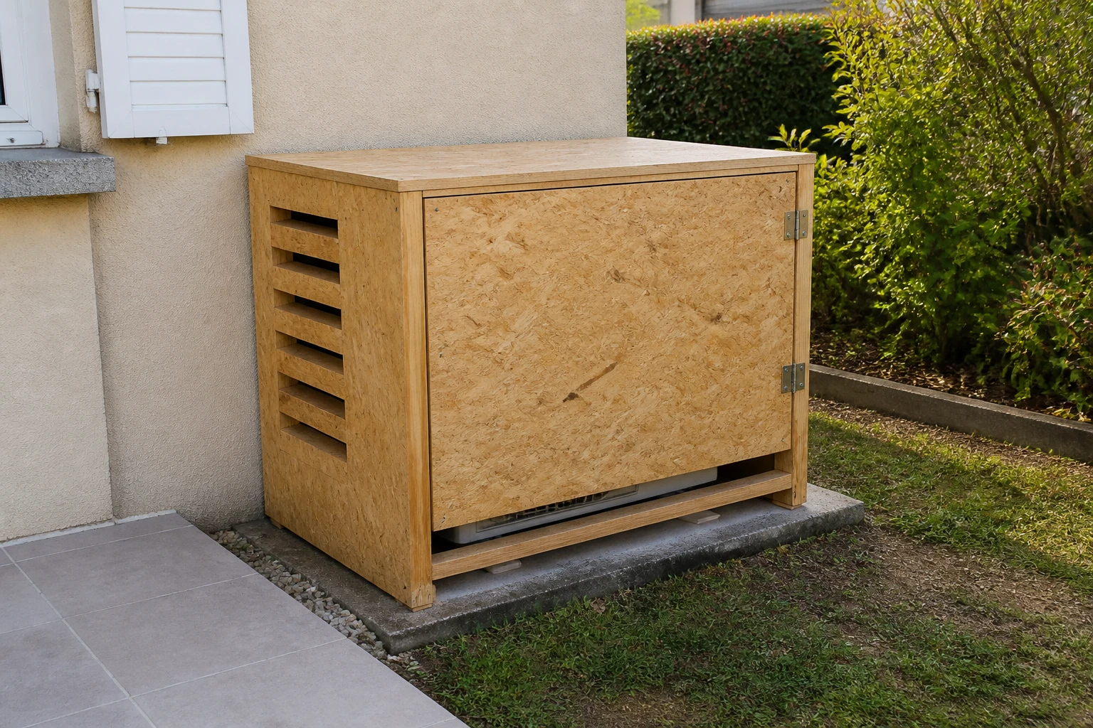 Caisson anti-bruit en bois OSB construit autour d'une pompe à chaleur extérieure dans un jardin
