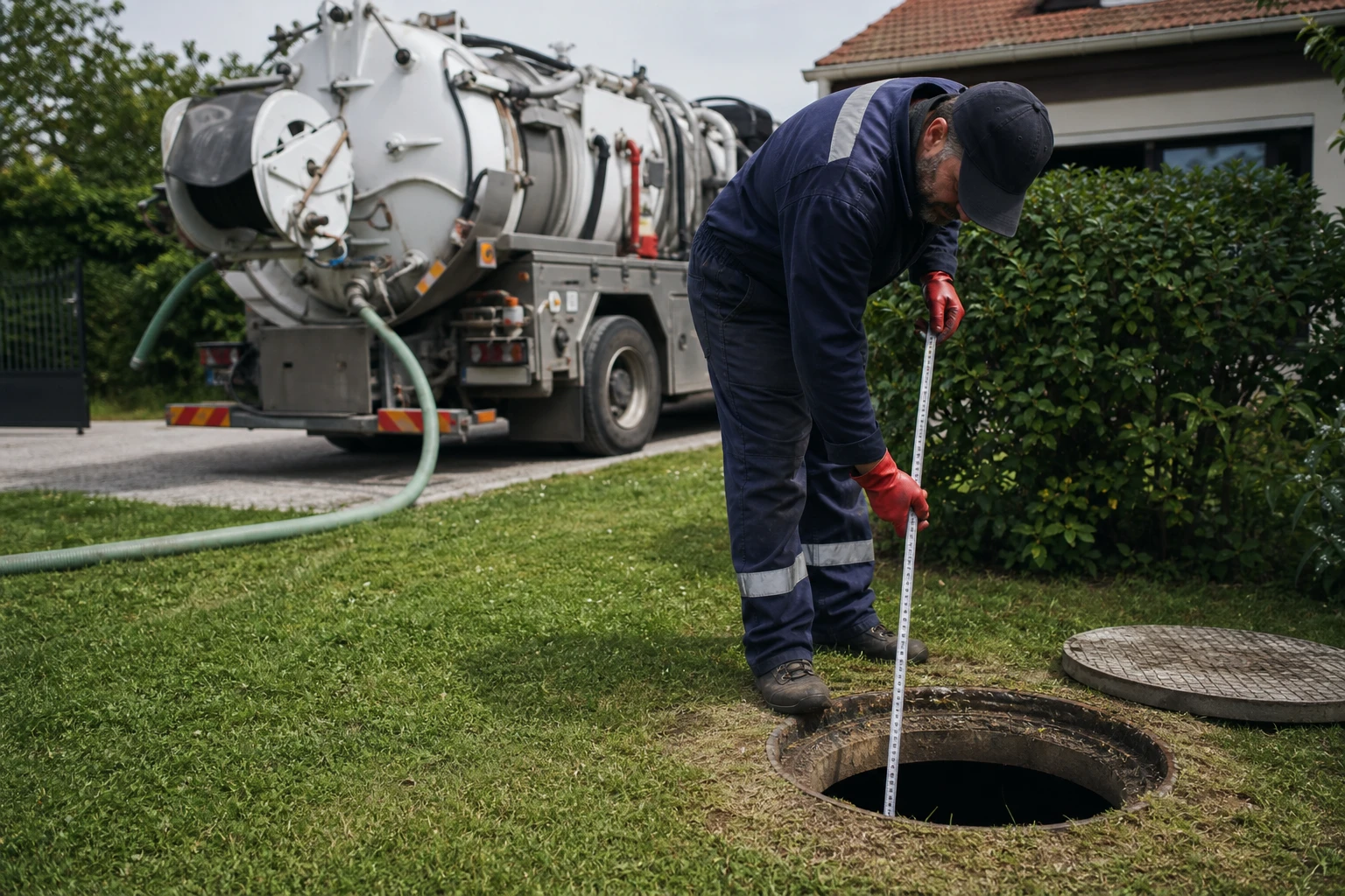 Technicien vérifiant le niveau de boues d'une fosse septique avec une jauge près du regard ouvert