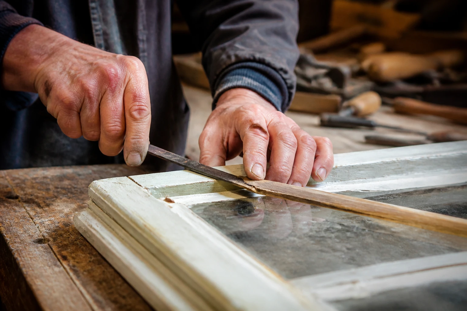 Artisan démontant une parclose de fenêtre en bois avec une spatule sur un châssis ancien