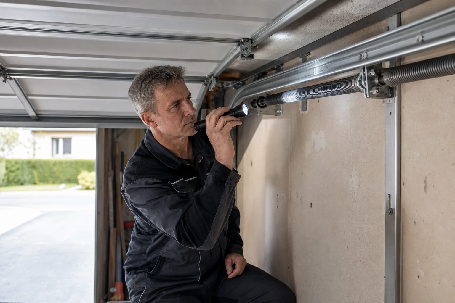 Artisan inspectant les ressorts et rails d'une porte de garage sectionnelle en panne