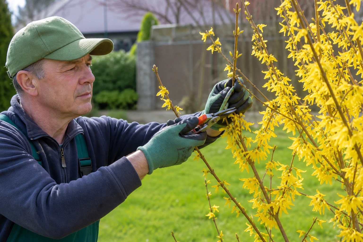 Jardinier taillant un forsythia en fleurs avec un sécateur au printemps